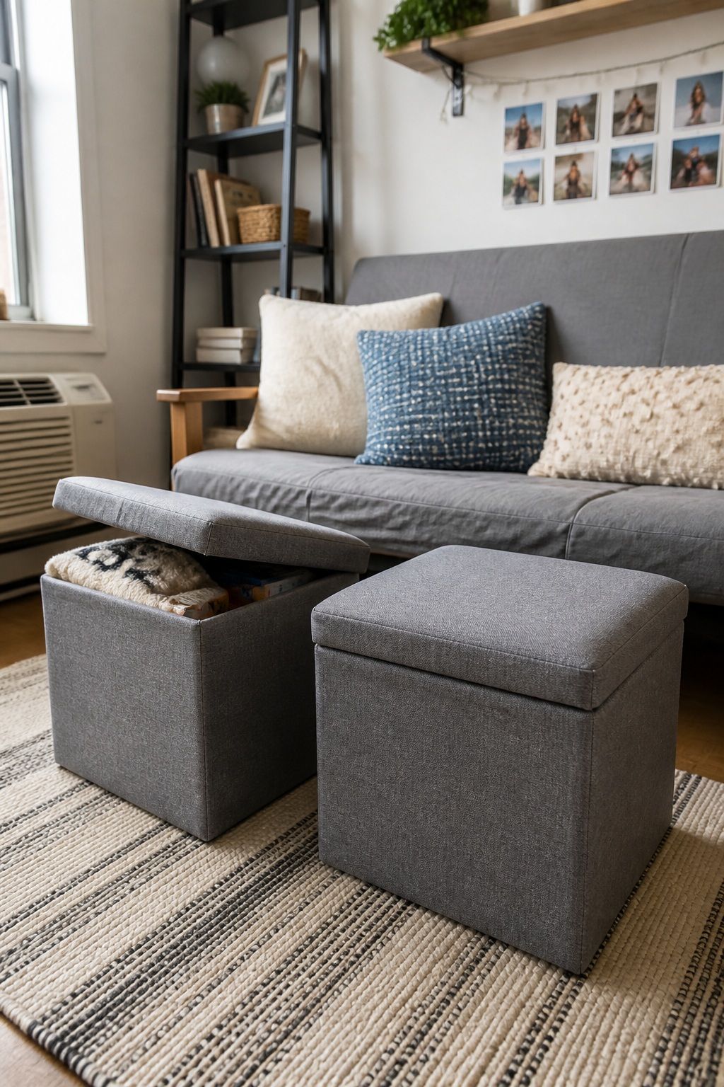 Use Storage Ottomans as Seating and Stash Space small apartment idea for Top 19 Best College Dorm Living Room Ideas on a Budget.