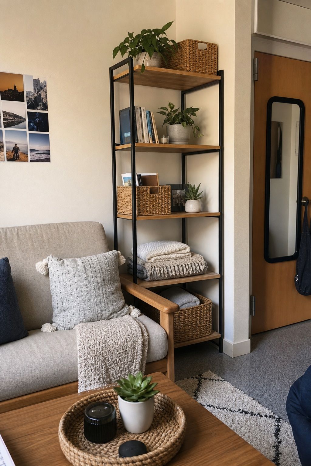 Add Vertical Storage With Shelves small apartment idea for Top 19 Best College Dorm Living Room Ideas on a Budget.