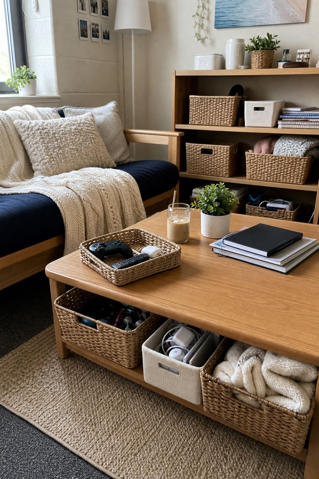 Use Baskets and Bins to Corral the Clutter small apartment idea for Top 19 Best College Dorm Living Room Ideas on a Budget.