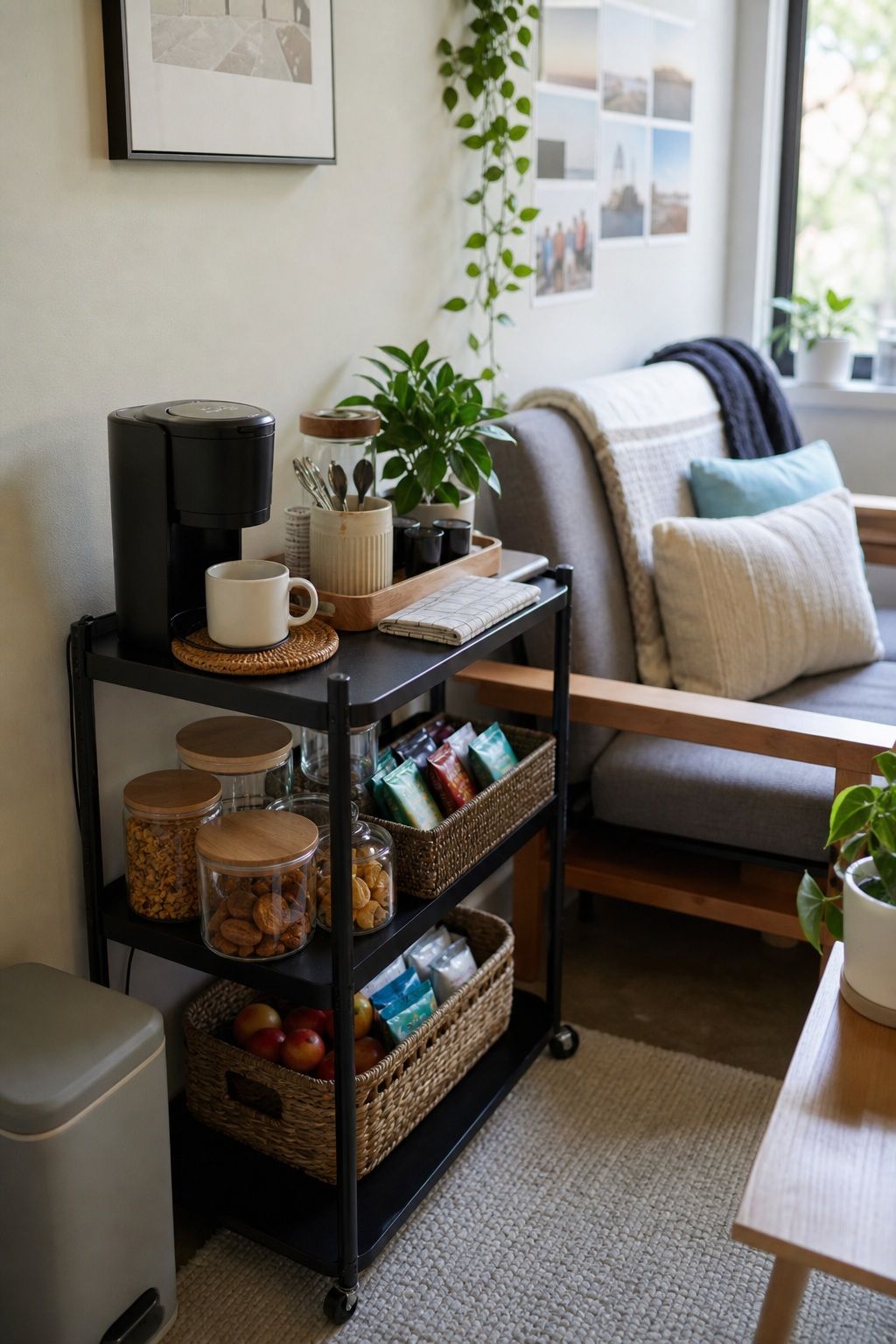 Set Up a Snack or Coffee Station small apartment idea for Top 19 Best College Dorm Living Room Ideas on a Budget.