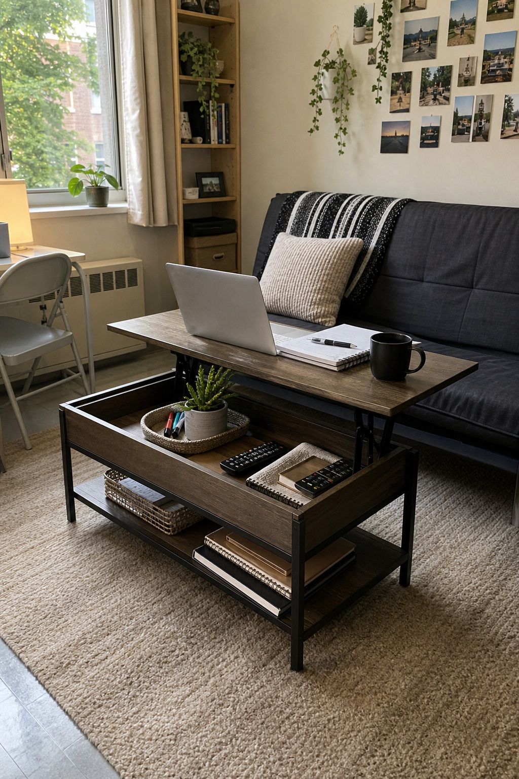 Make the Coffee Table or Center Work Double Duty small apartment idea for Top 19 Best College Dorm Living Room Ideas on a Budget.