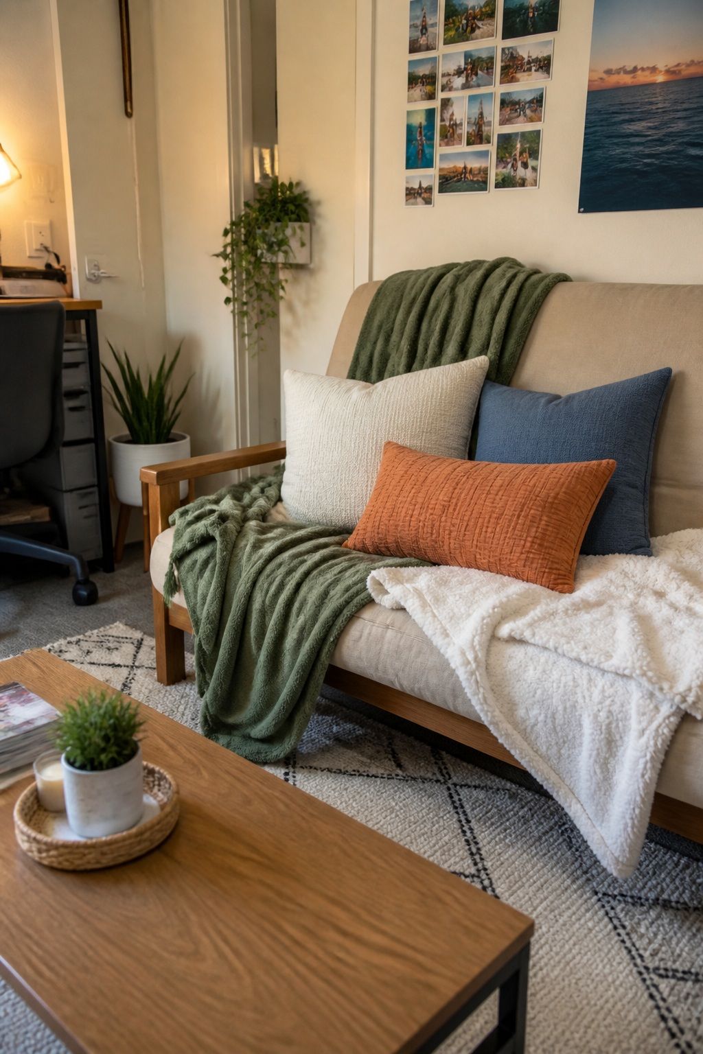 Layer in Throws and Pillows small apartment idea for Top 19 Best College Dorm Living Room Ideas on a Budget.