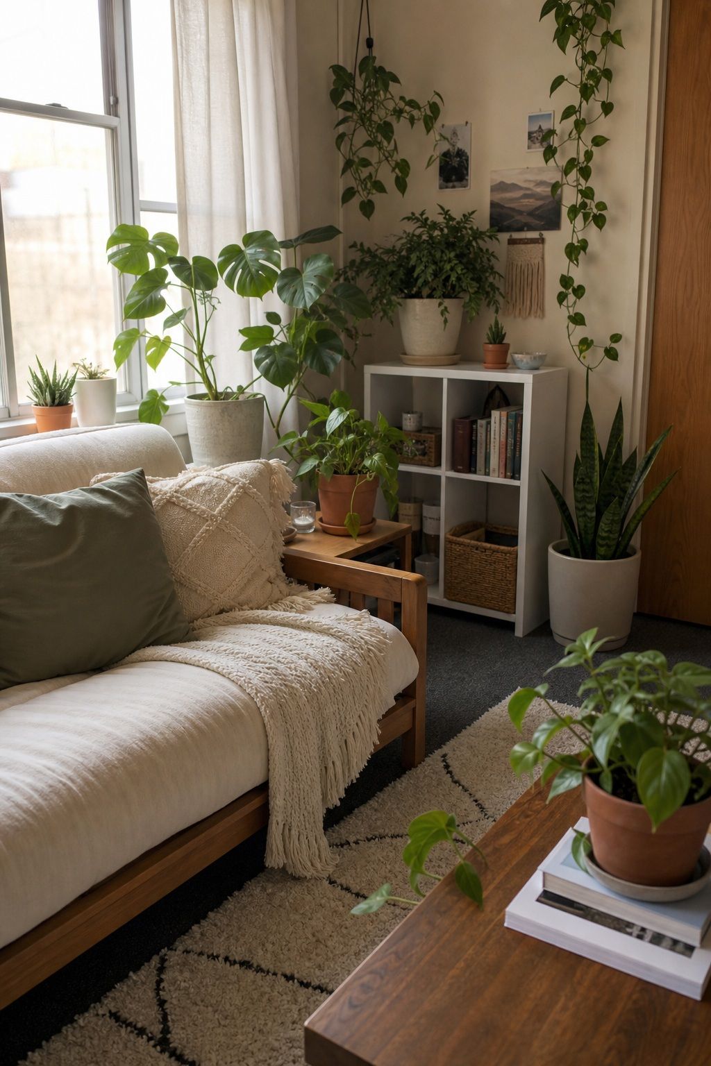 Add Plants for Life and Color small apartment idea for Top 19 Best College Dorm Living Room Ideas on a Budget.