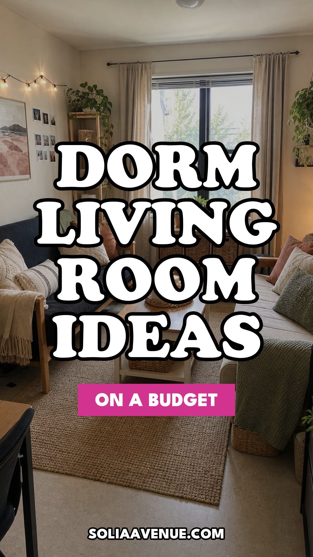 Pinterest pin for Top 19 Best College Dorm Living Room Ideas on a Budget from Solia Avenue.