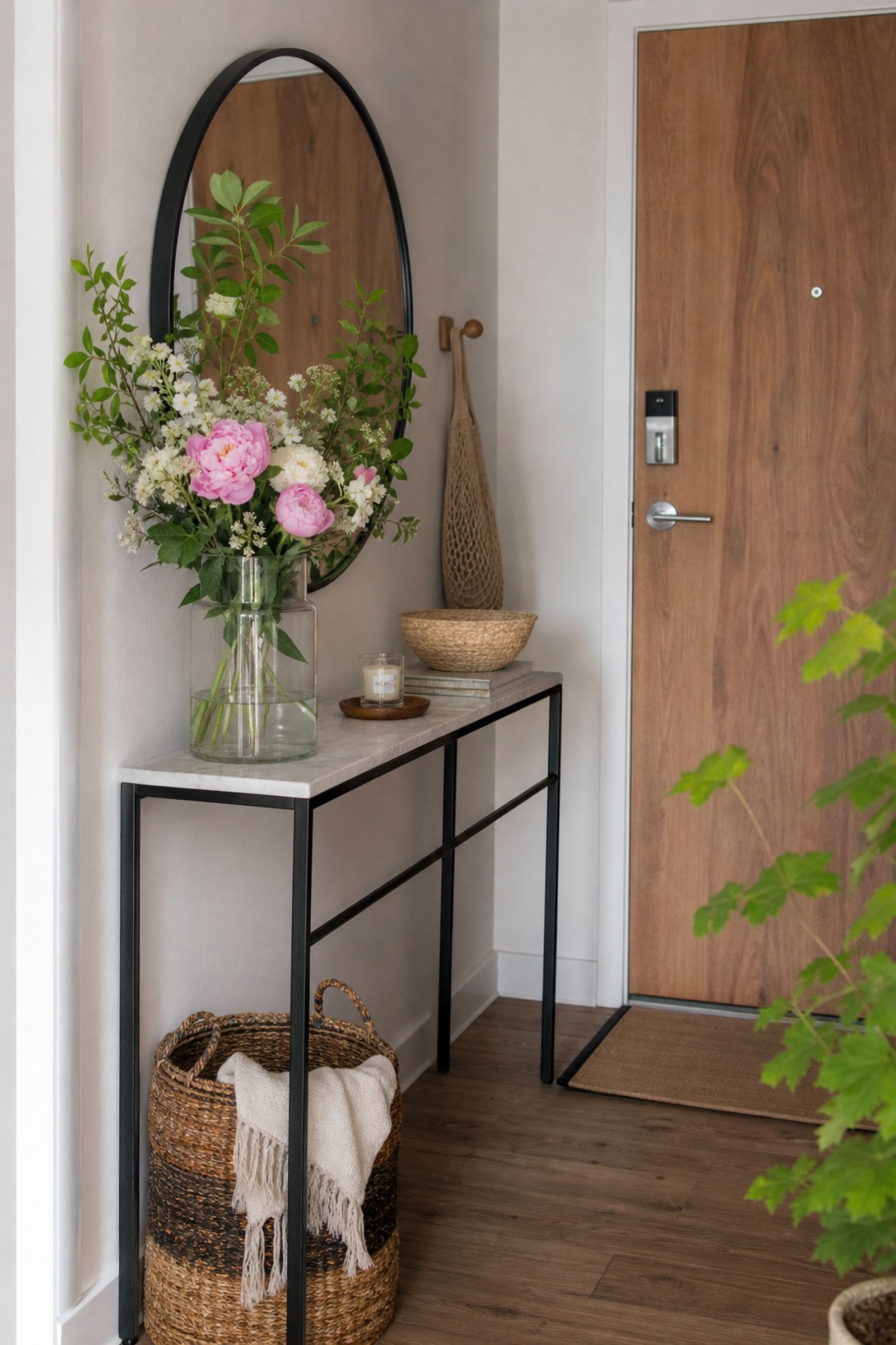Narrow Console with Floral Arrangement small apartment idea for Top 18 Entryway Summer Decor Ideas for Apartments.