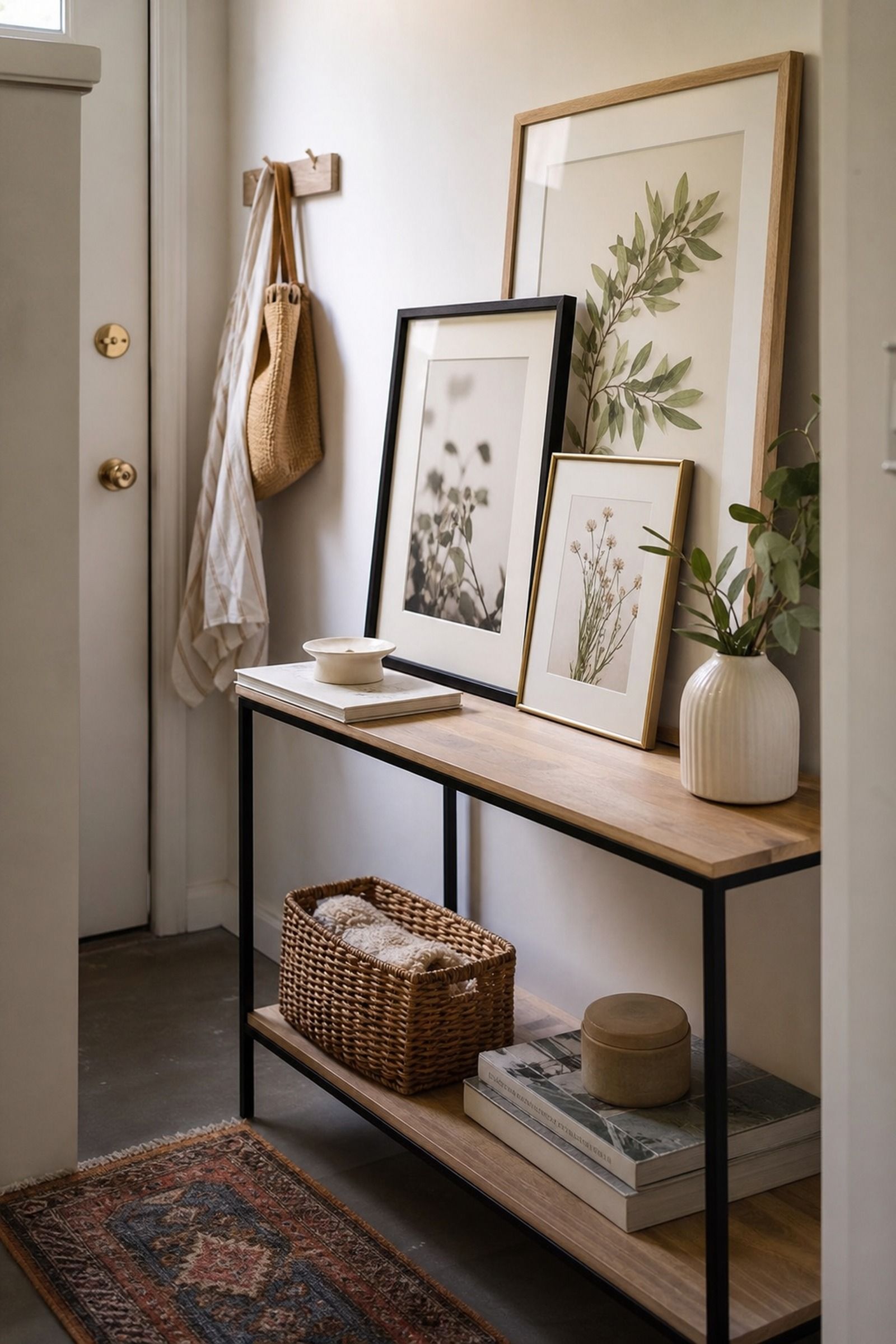 Layered Picture Frames with Botanical Prints small apartment idea for Top 18 Entryway Summer Decor Ideas for Apartments.