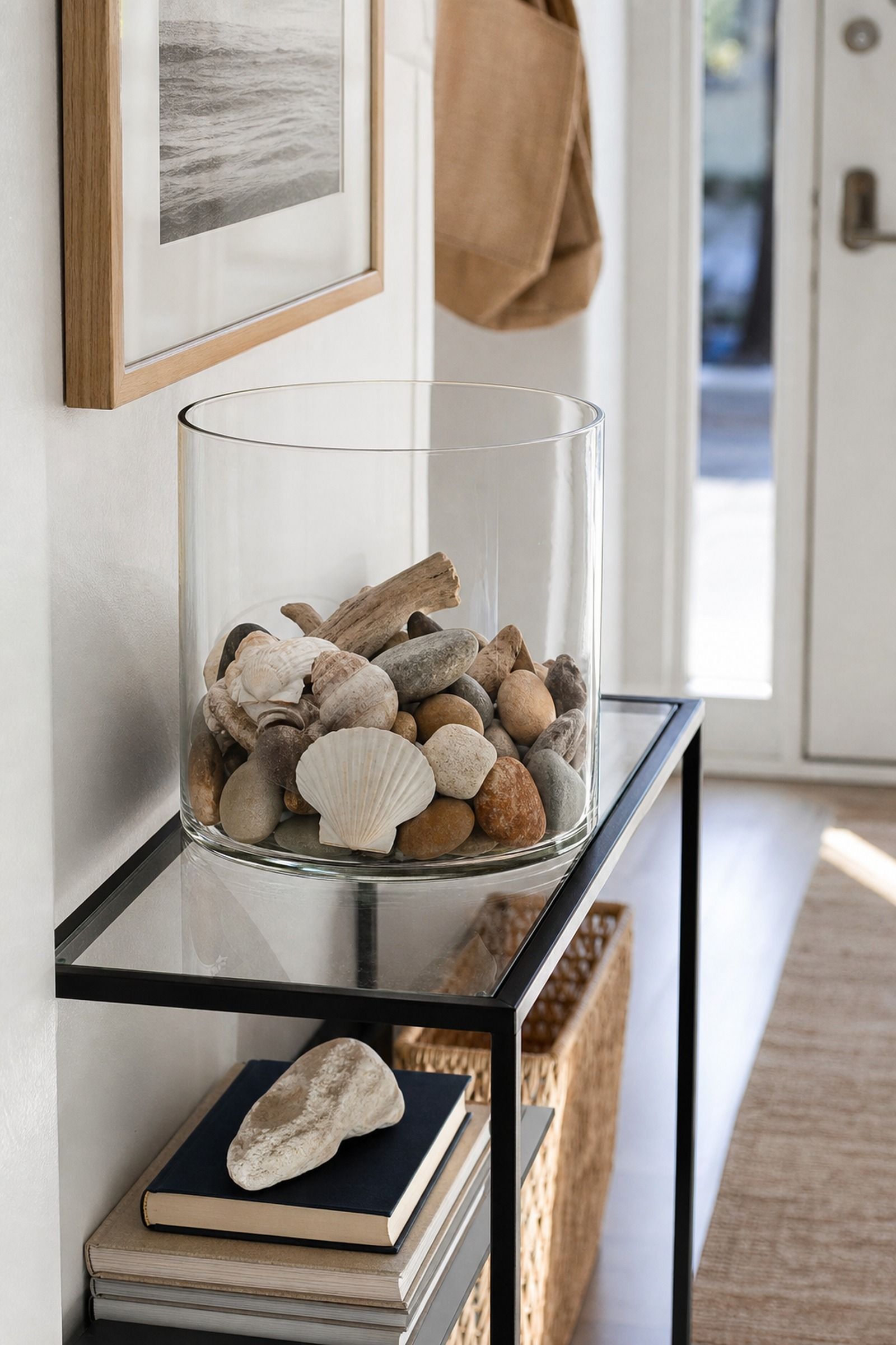 Open-Glass Display with Shells and Stones small apartment idea for Top 18 Entryway Summer Decor Ideas for Apartments.