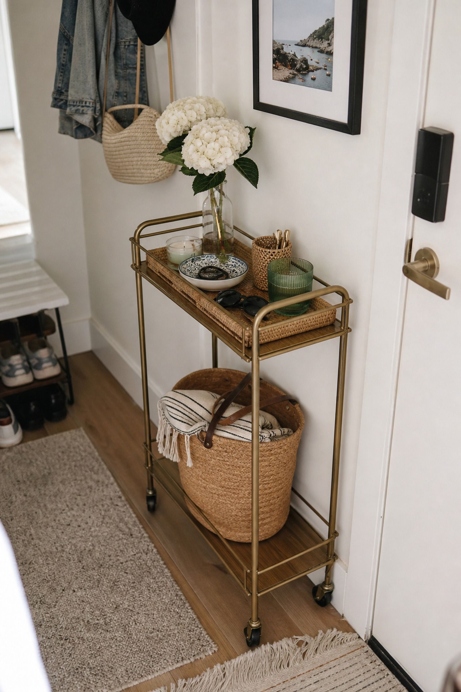 Rolling Bar Cart as Console Alternative small apartment idea for Top 18 Entryway Summer Decor Ideas for Apartments.