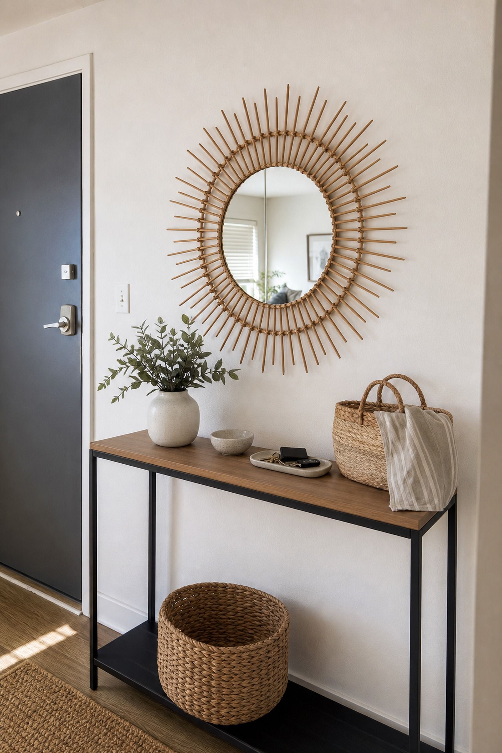 Round Sunburst Mirror Above Console small apartment idea for Top 18 Entryway Summer Decor Ideas for Apartments.