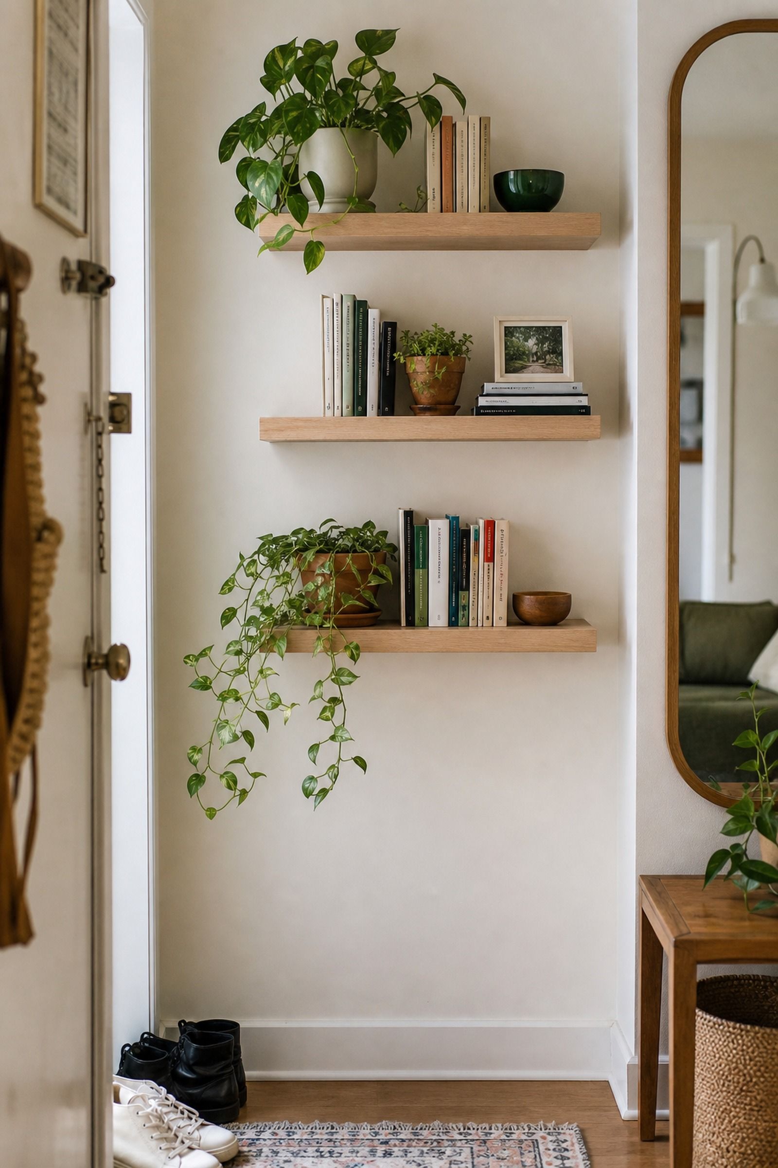 Floating Shelves with Plants and Books small apartment idea for Top 18 Entryway Summer Decor Ideas for Apartments.