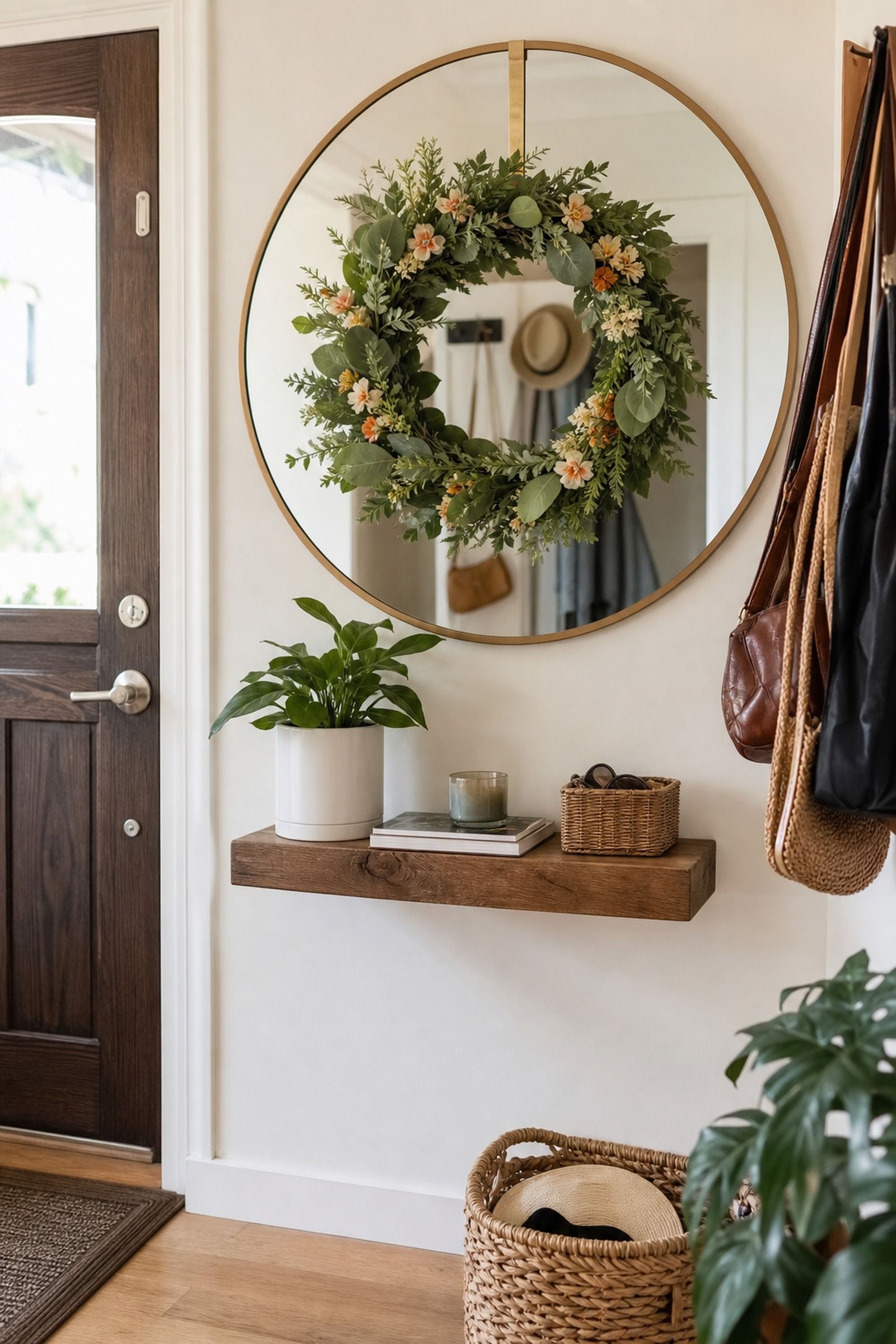 Seasonal Wreath on Mirror or Door small apartment idea for Top 18 Entryway Summer Decor Ideas for Apartments.