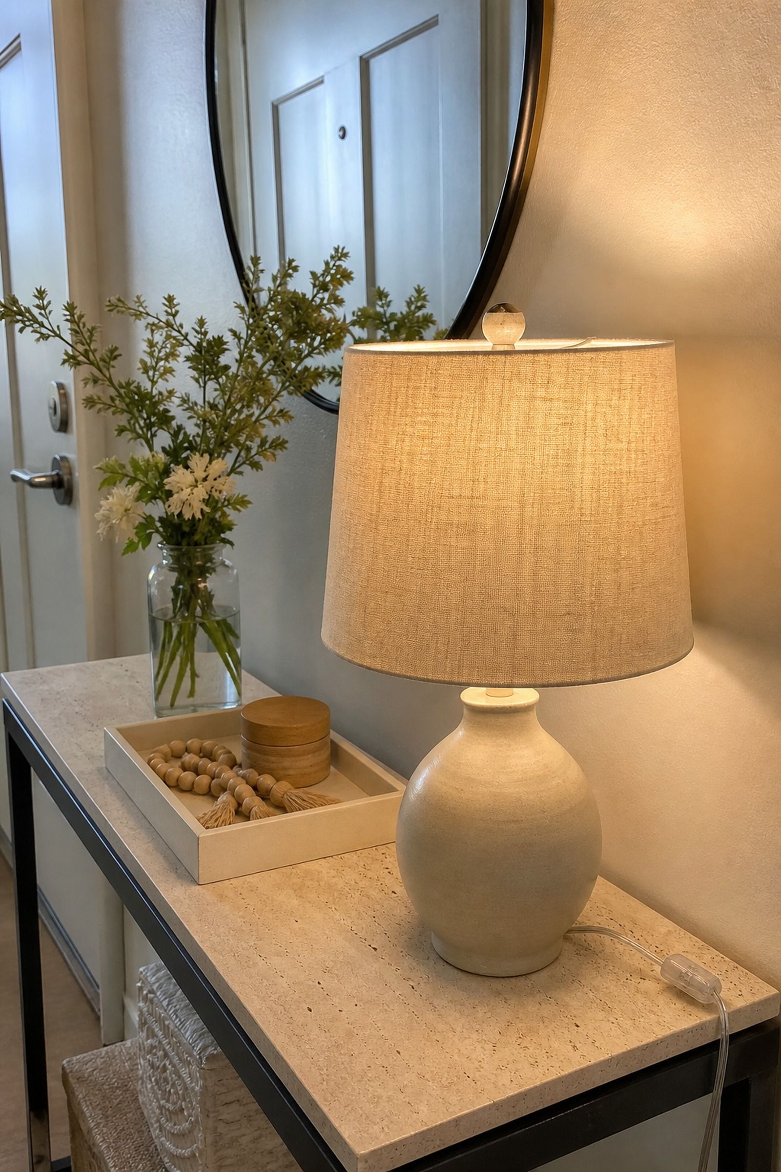 Table Lamp with Linen Shade small apartment idea for Top 18 Entryway Summer Decor Ideas for Apartments.