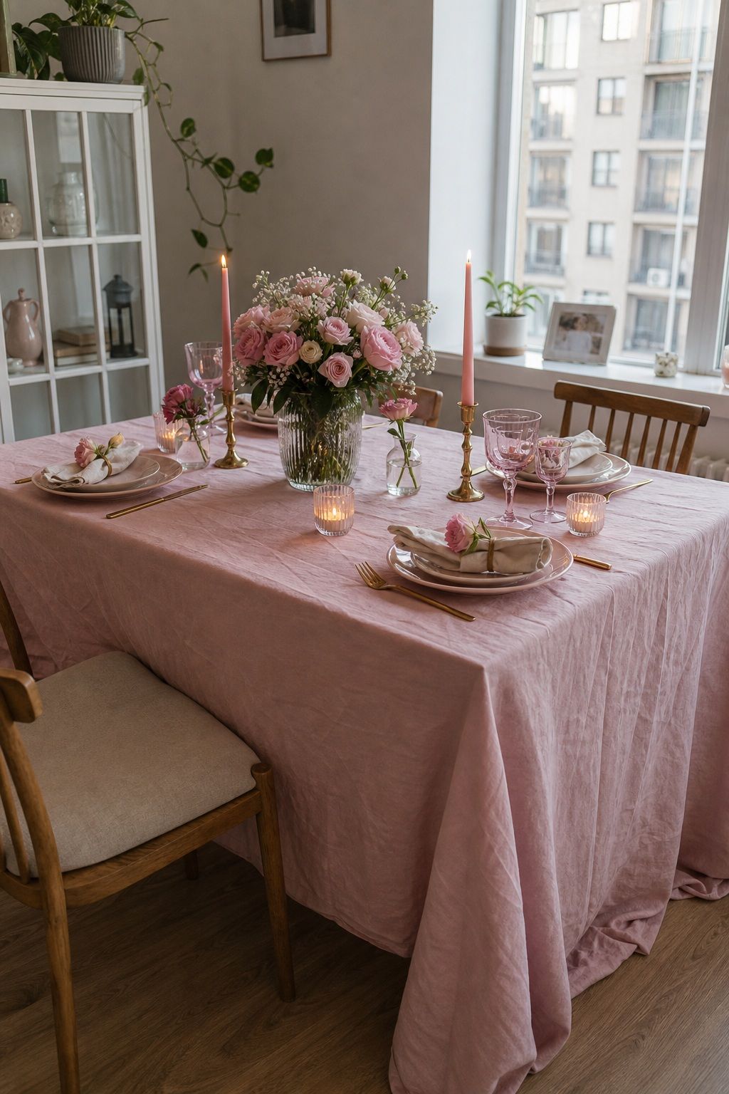 Blush Pink Linen Tablecloth as the Base Layer small apartment idea for Top 17 Galentine’s Party Table Decor That Sets the Mood for Small Apartments.