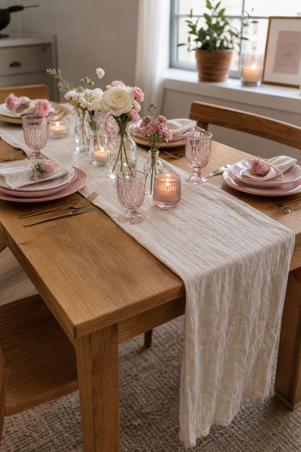 Layered Linen Runner Over a Bare Wood Table small apartment idea for Top 17 Galentine’s Party Table Decor That Sets the Mood for Small Apartments.