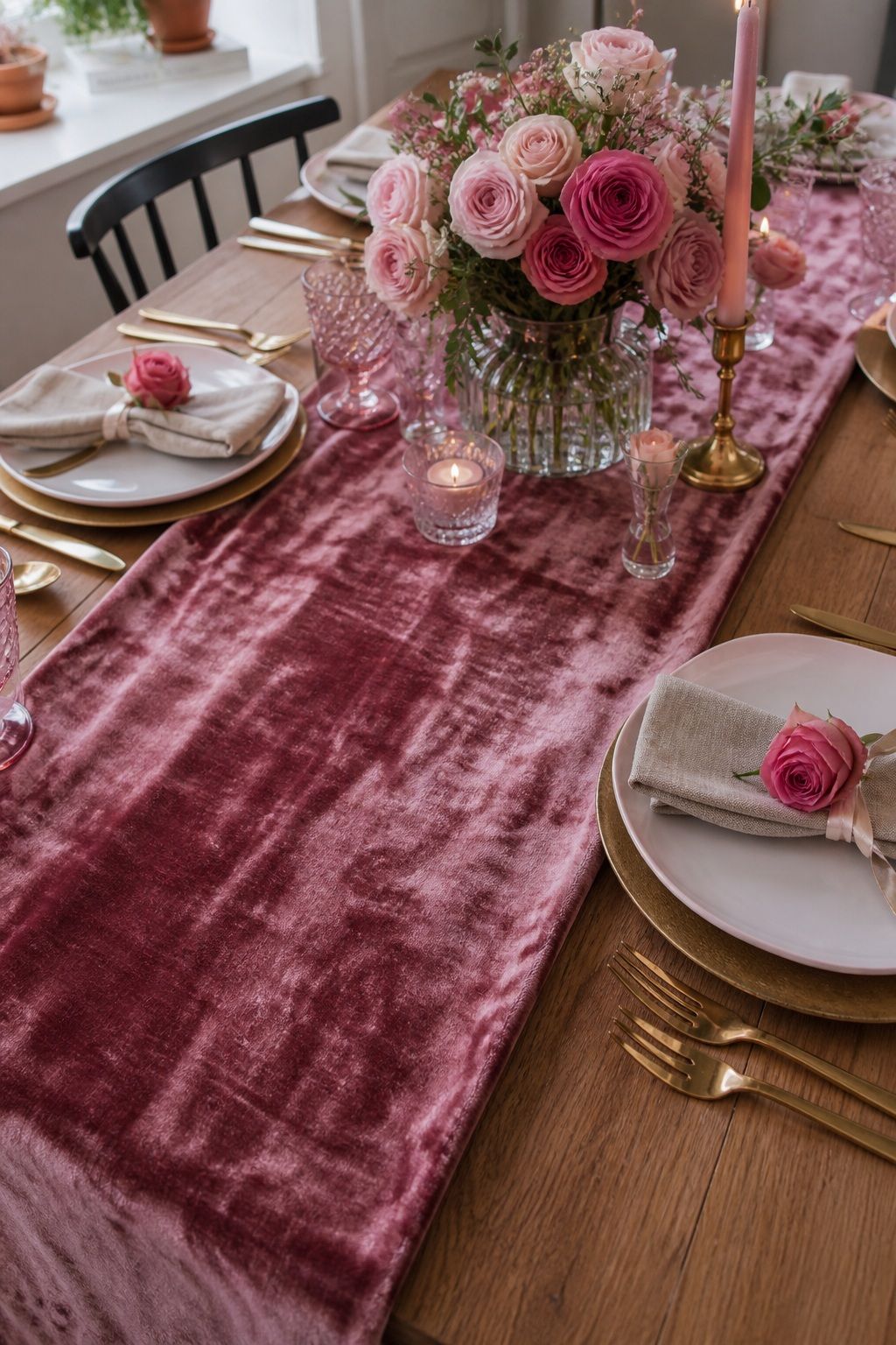 Velvet Table Runner for an Elegant Twist small apartment idea for Top 17 Galentine’s Party Table Decor That Sets the Mood for Small Apartments.