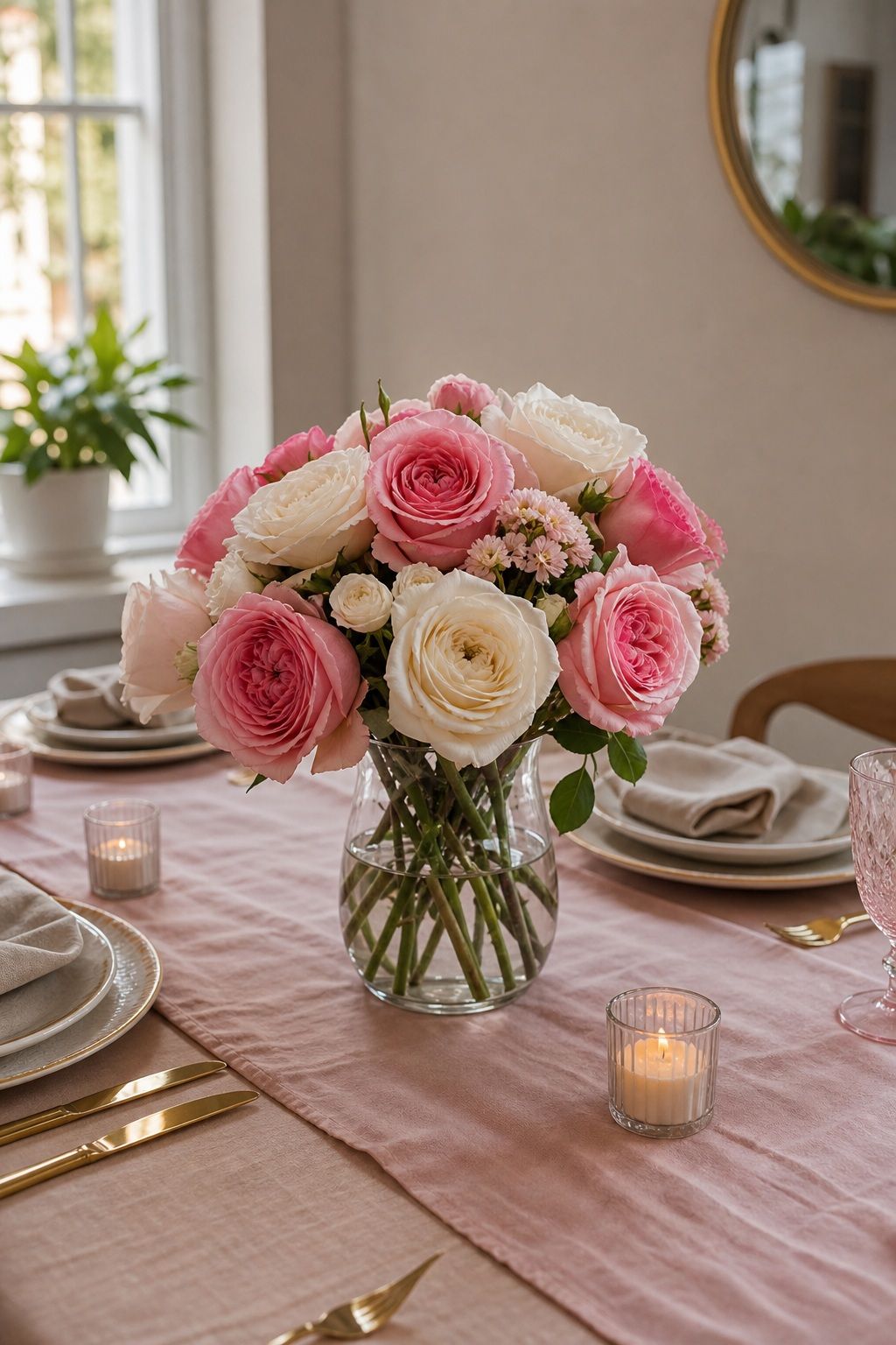 Pink and White Garden Rose Centerpiece small apartment idea for Top 17 Galentine’s Party Table Decor That Sets the Mood for Small Apartments.
