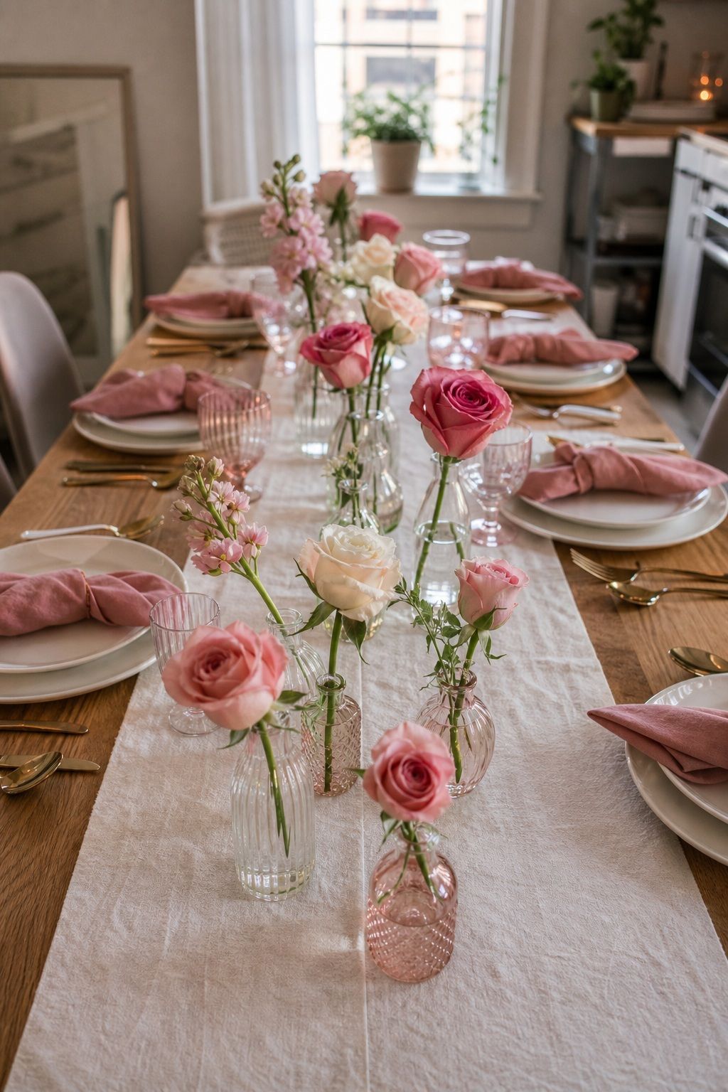 Single-Stem Bud Vases Down the Table small apartment idea for Top 17 Galentine’s Party Table Decor That Sets the Mood for Small Apartments.