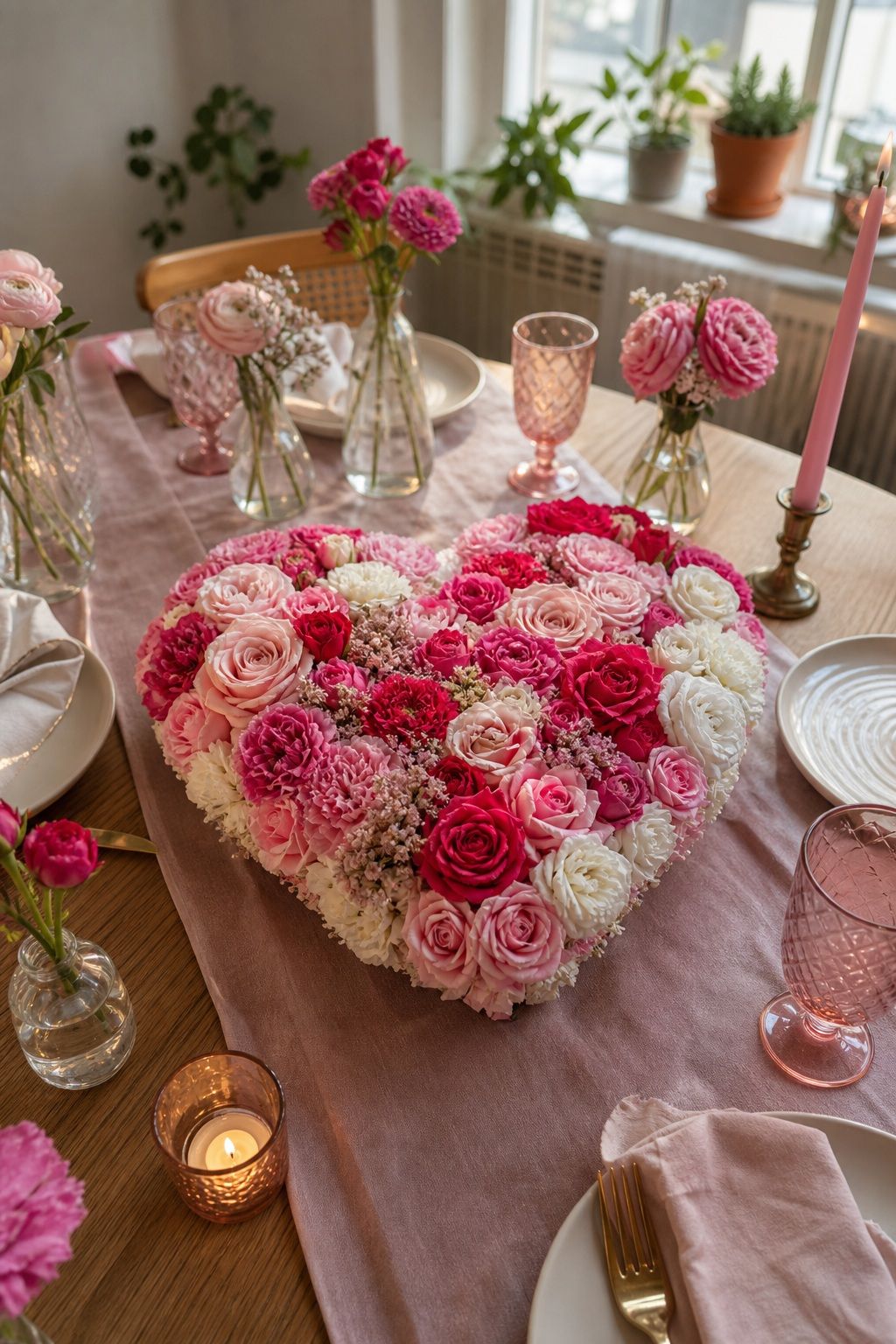 Heart-Shaped Floral Foam Centerpiece small apartment idea for Top 17 Galentine’s Party Table Decor That Sets the Mood for Small Apartments.