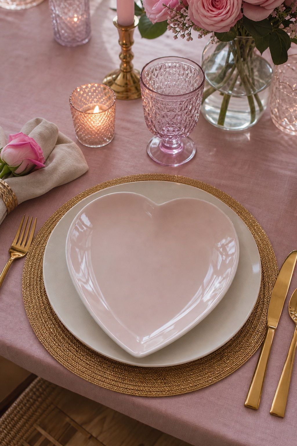 Heart-Shaped Plates Over Round Chargers small apartment idea for Top 17 Galentine’s Party Table Decor That Sets the Mood for Small Apartments.