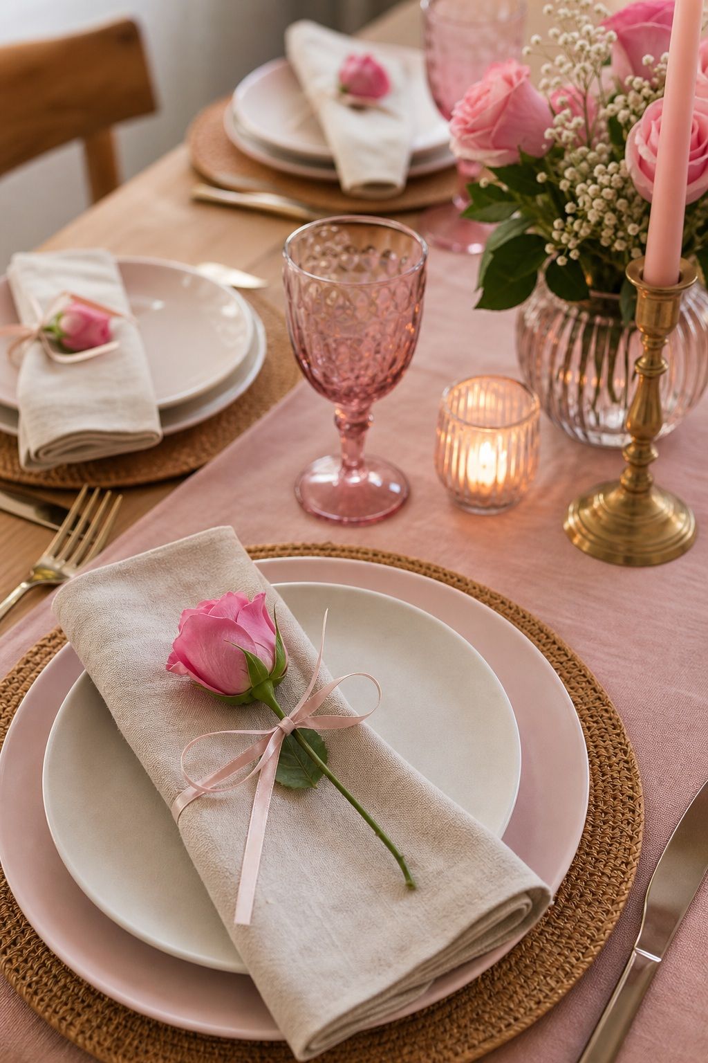 Linen Napkins Tied with a Single Rose small apartment idea for Top 17 Galentine’s Party Table Decor That Sets the Mood for Small Apartments.