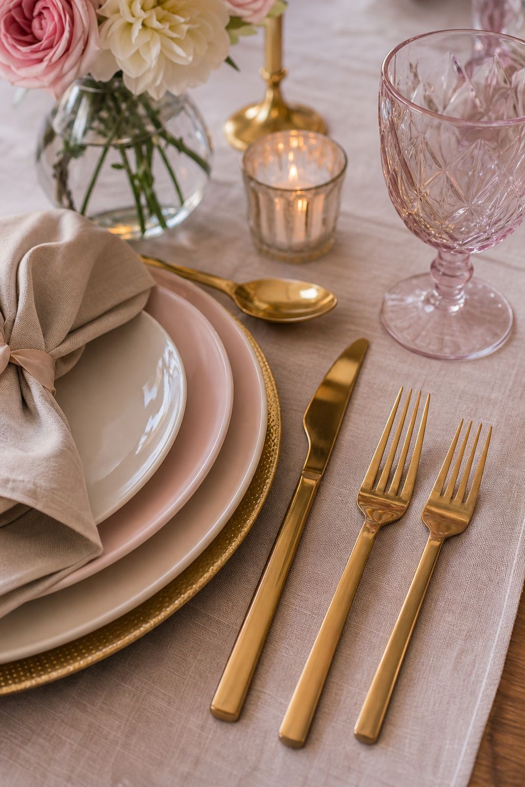 Gold Flatware for Warm Contrast small apartment idea for Top 17 Galentine’s Party Table Decor That Sets the Mood for Small Apartments.