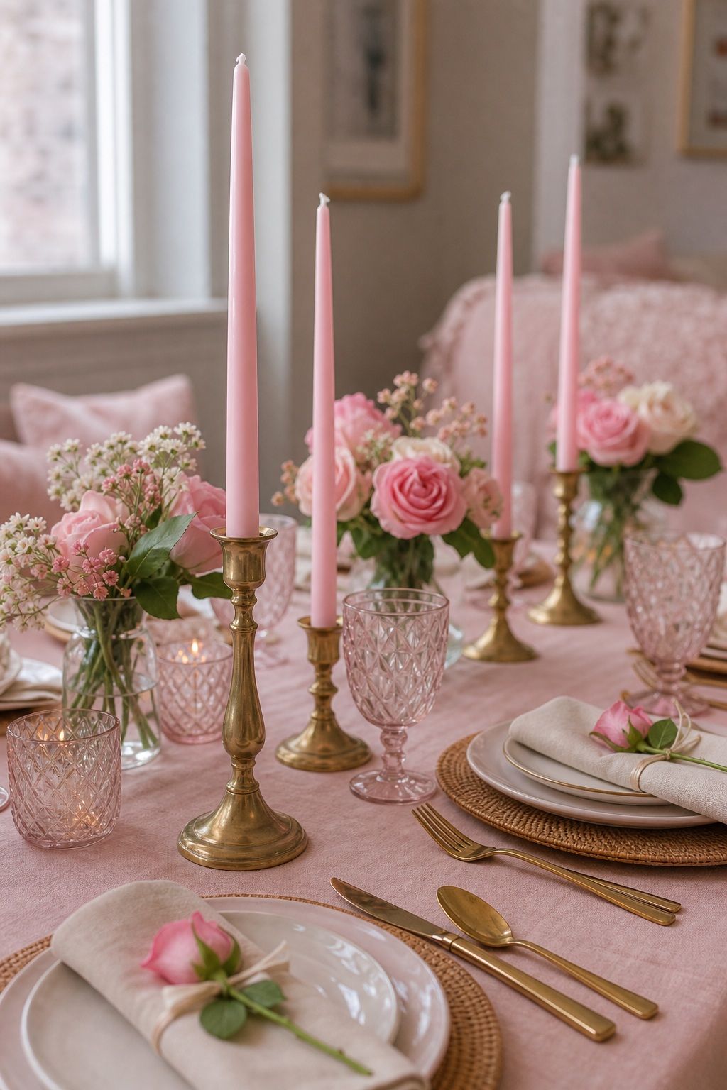 Pink Taper Candles in Brass Holders small apartment idea for Top 17 Galentine’s Party Table Decor That Sets the Mood for Small Apartments.