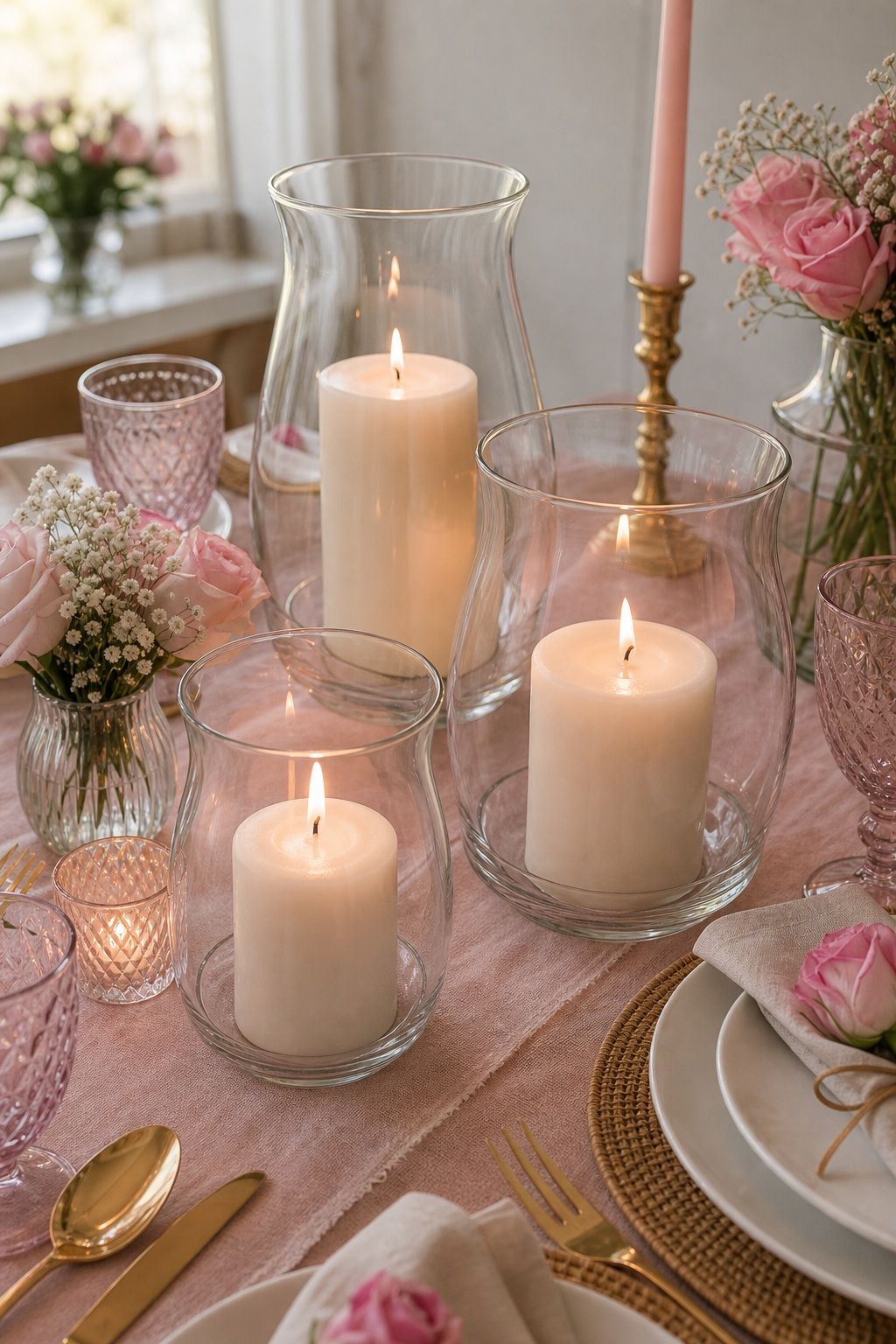 Glass Hurricane Vases with Pillar Candles small apartment idea for Top 17 Galentine’s Party Table Decor That Sets the Mood for Small Apartments.