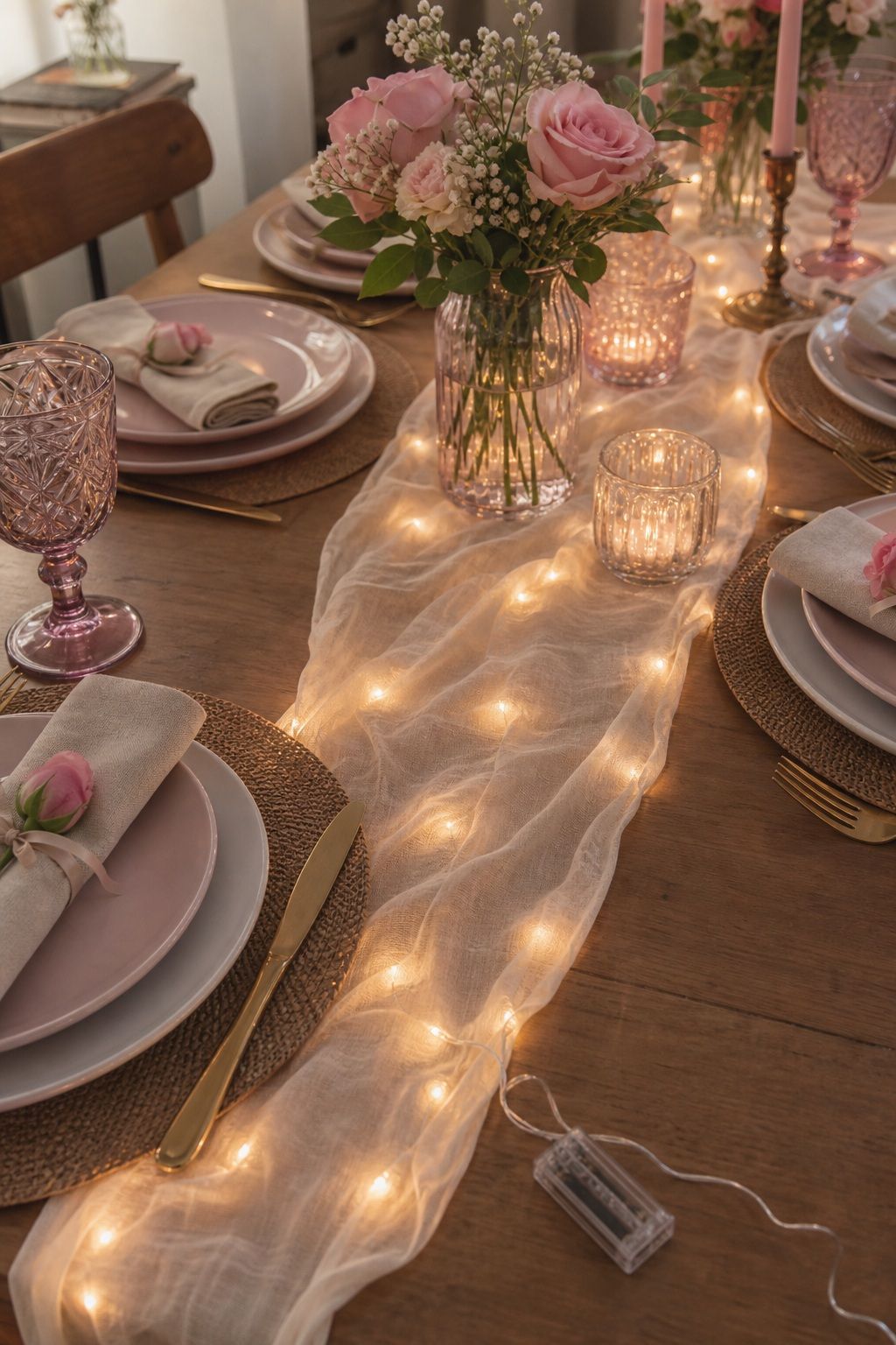 Battery-Operated Twinkle Lights Under the Table Runner small apartment idea for Top 17 Galentine’s Party Table Decor That Sets the Mood for Small Apartments.