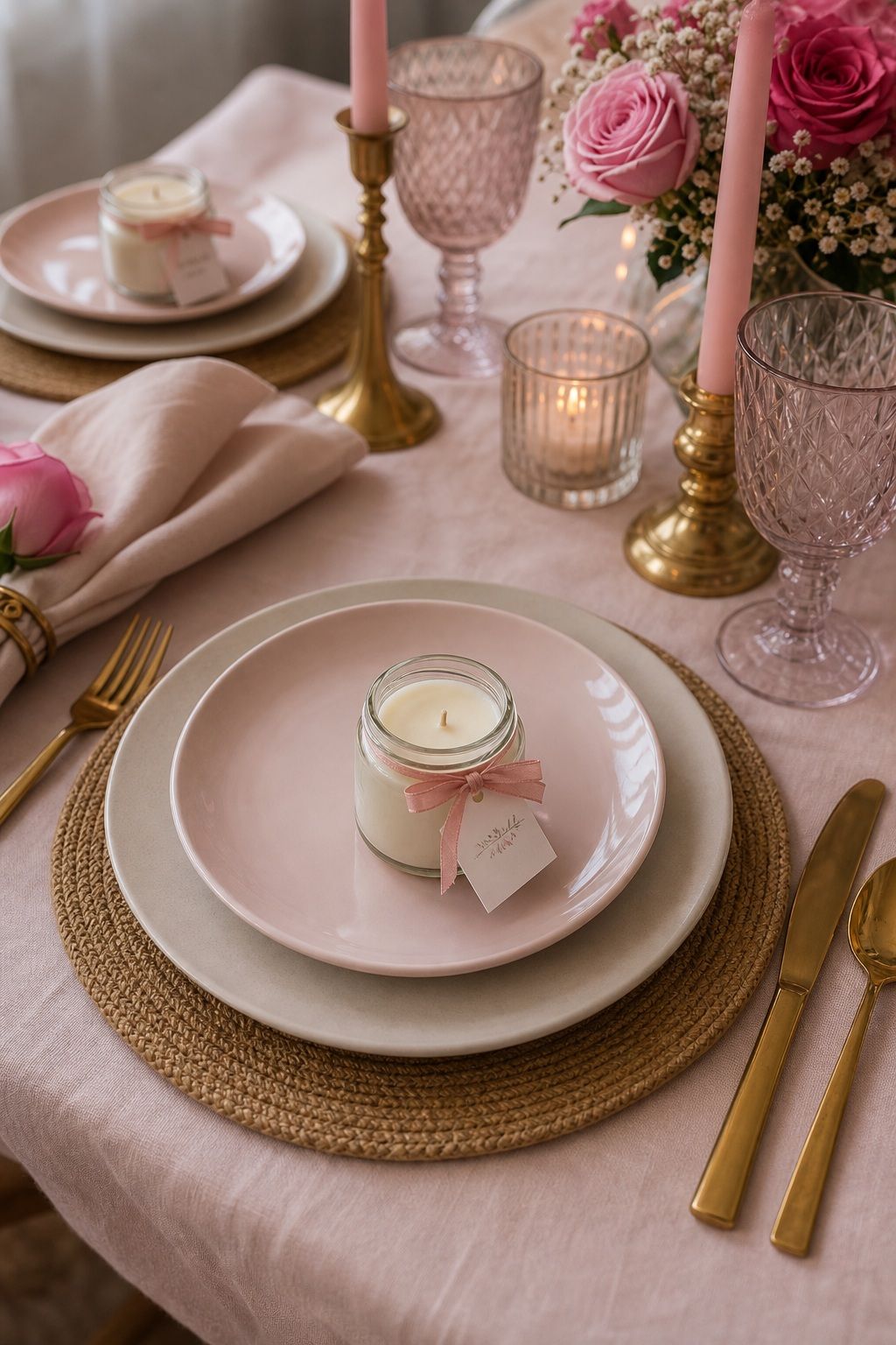 Mini Candle Favors with Custom Tags small apartment idea for Top 17 Galentine’s Party Table Decor That Sets the Mood for Small Apartments.