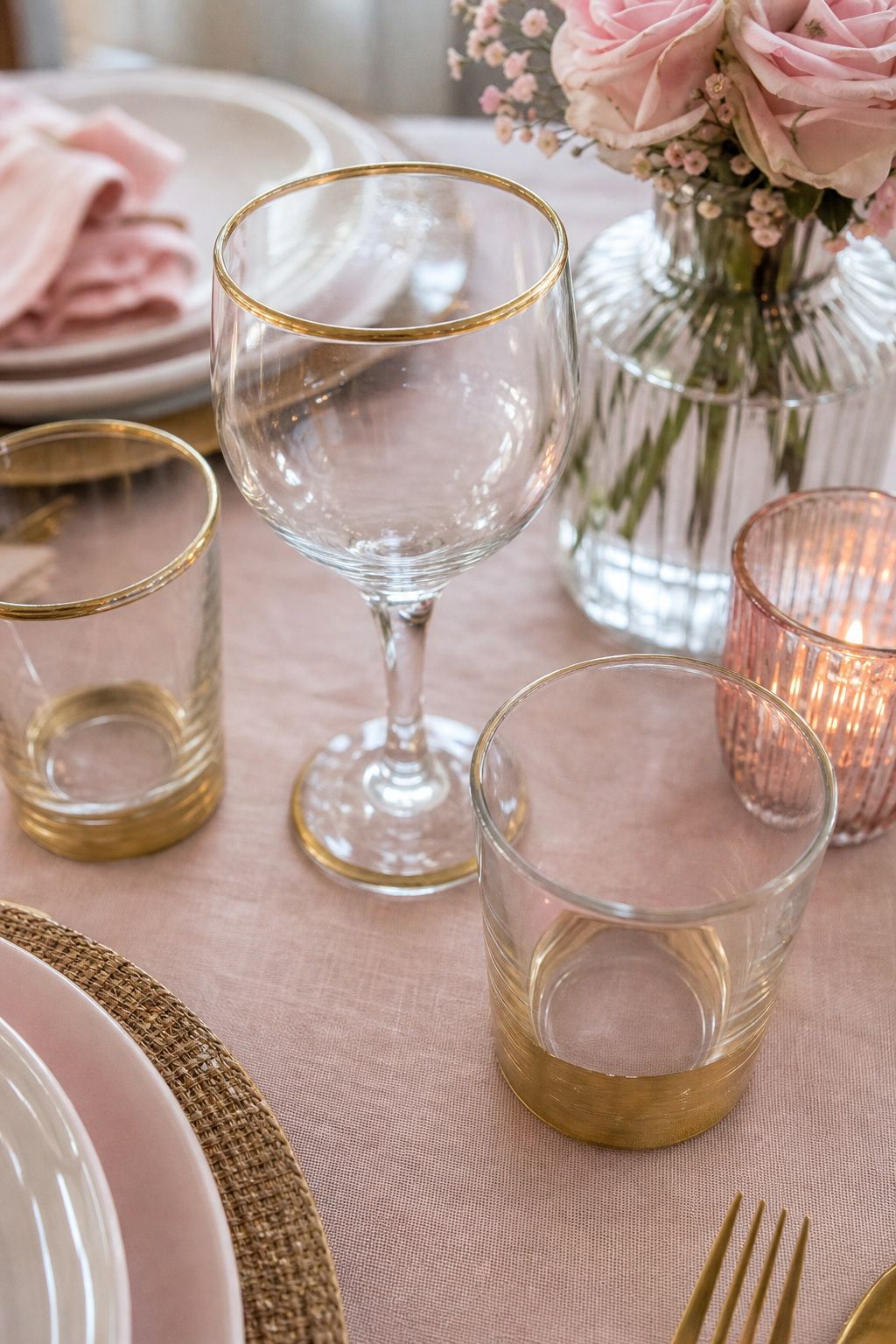Dollar Store Glassware Painted with Gold Trim small apartment idea for Top 17 Galentine’s Party Table Decor That Sets the Mood for Small Apartments.