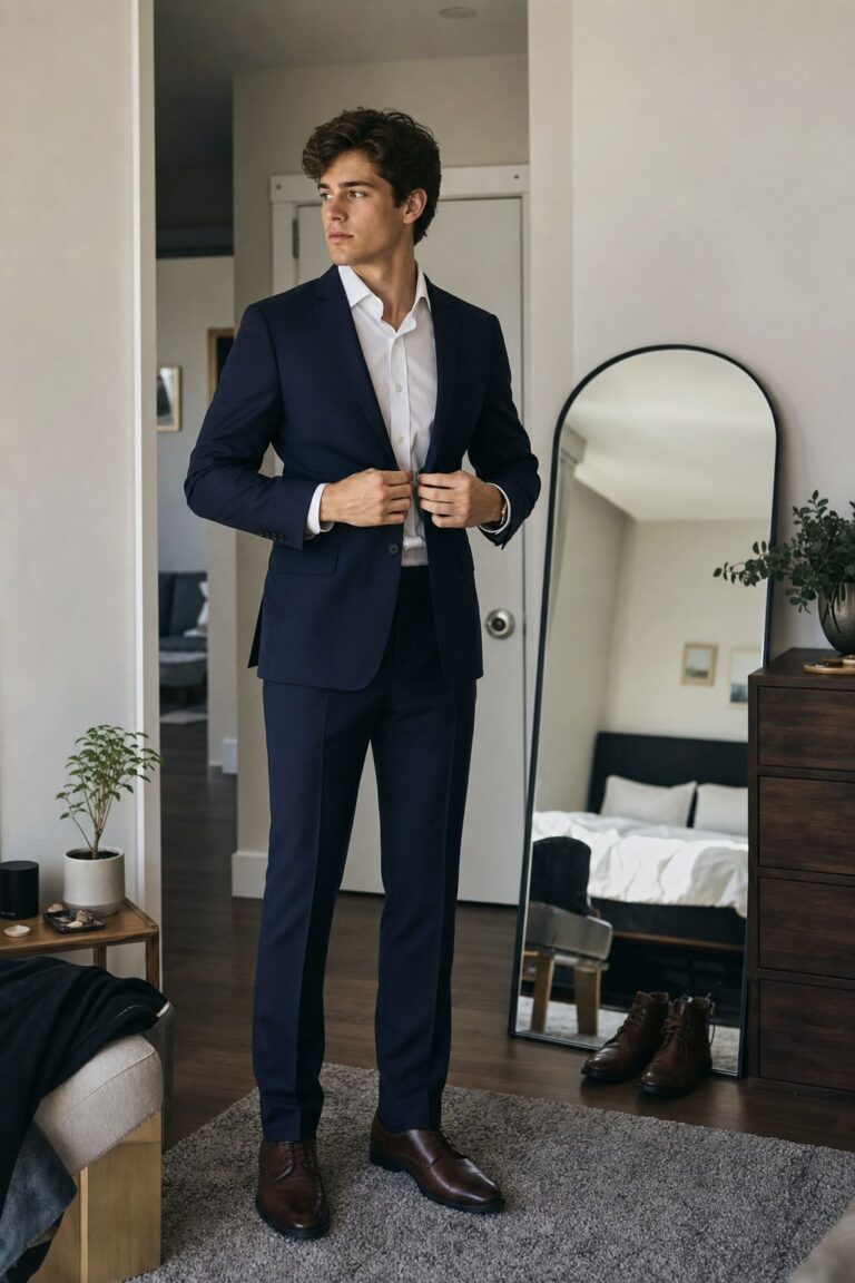 Navy Slim-Fit Suit with White Shirt small apartment idea for Top 15 Stylish Graduation Outfit Ideas for Men That Strike the Right Balance.