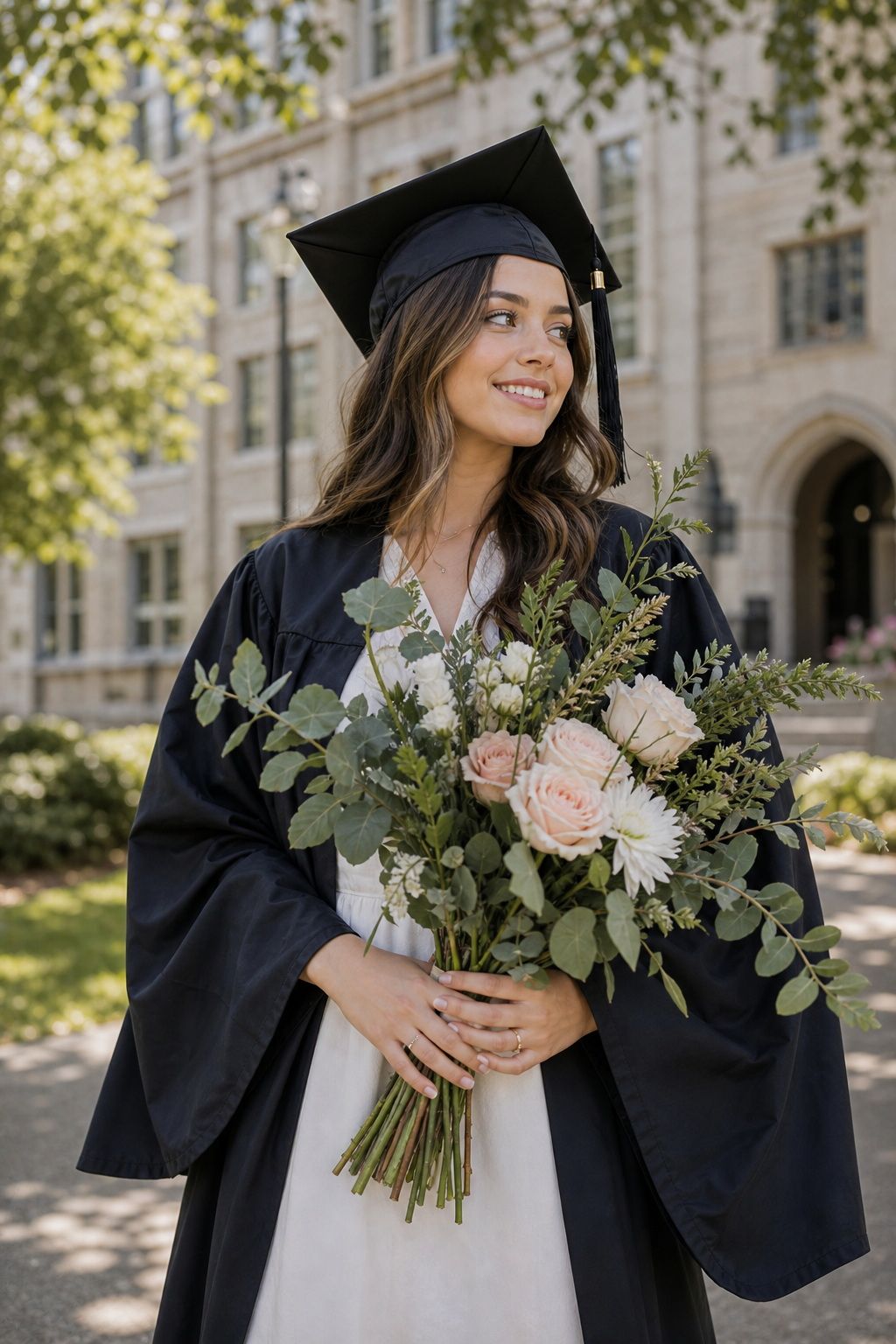 Add Fresh Flowers or Greenery for a Soft Editorial Look small apartment idea for Top 18 Best Graduation Shoot Ideas.
