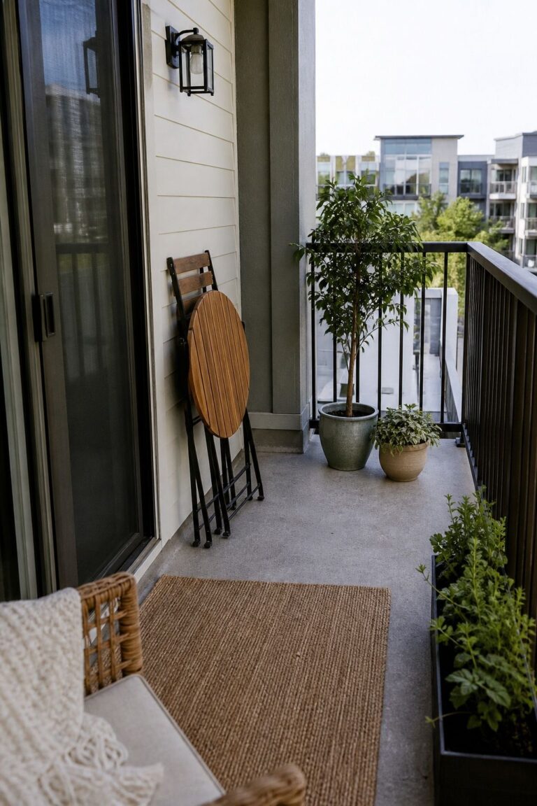 A Folding Bistro Set That Stores Against the Wall small apartment idea for Top 15 Small Apartment Balcony Ideas for a Cozy Look.