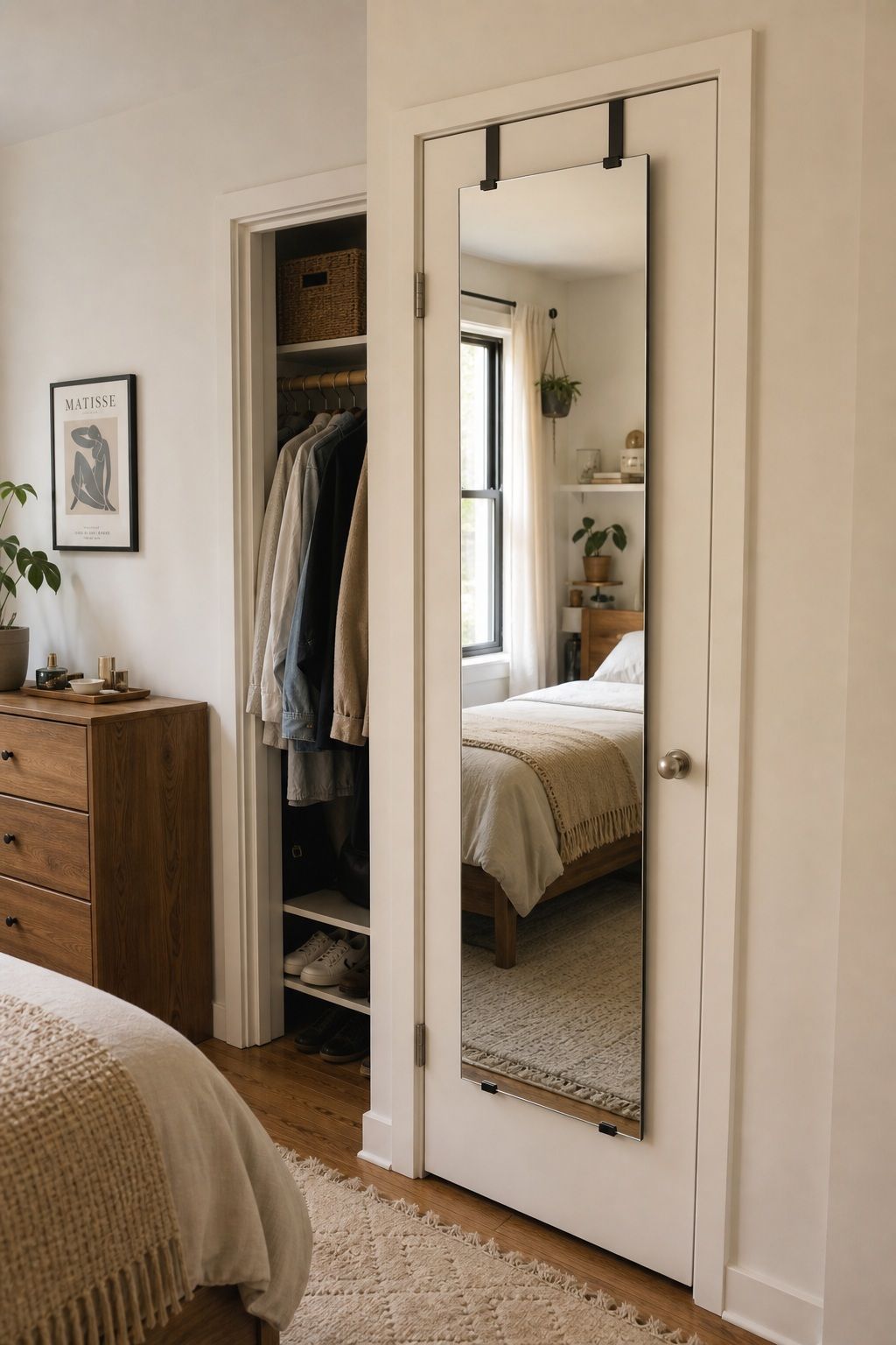 Full-Length Mirror on the Closet Door small apartment idea for Top 18 Small Apartment Bedroom Ideas for a Space That Actually Feels Big.