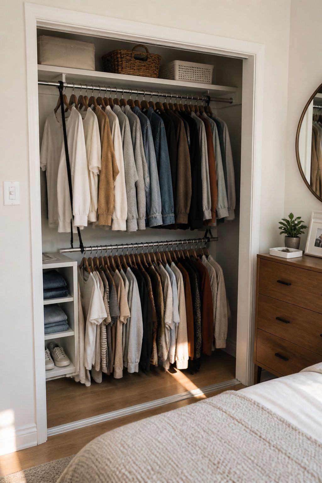 Closet Doubler Rod small apartment idea for Top 18 Small Apartment Bedroom Ideas for a Space That Actually Feels Big.