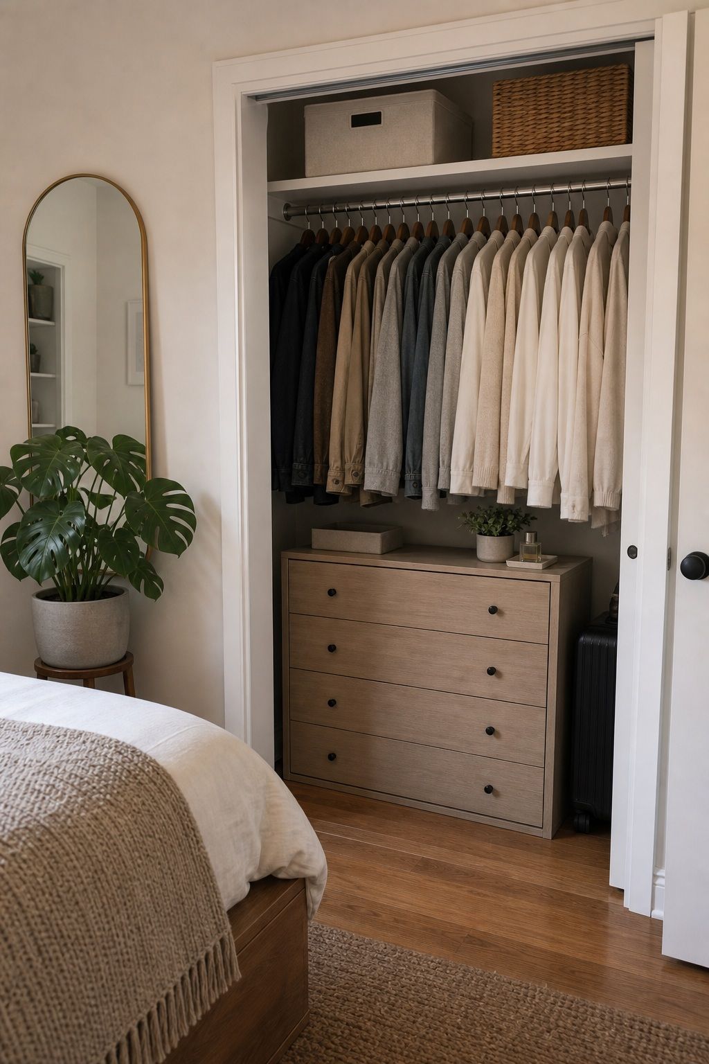 Drawer Dresser Tucked into the Closet small apartment idea for Top 18 Small Apartment Bedroom Ideas for a Space That Actually Feels Big.
