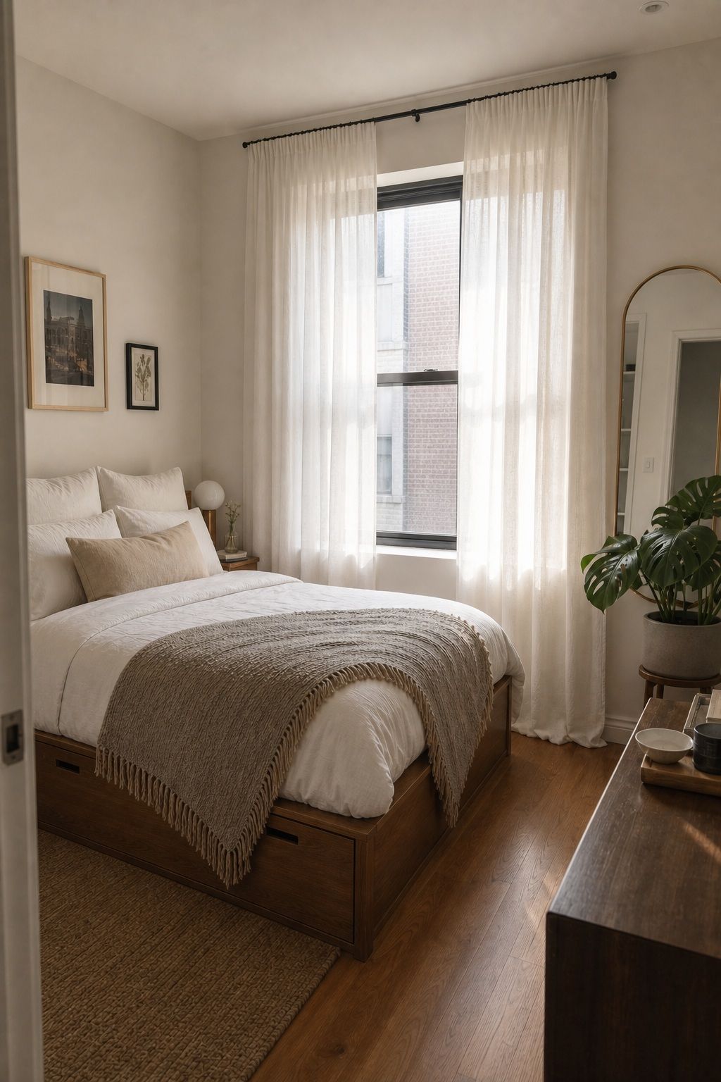 Sheer Curtains from Ceiling to Floor small apartment idea for Top 18 Small Apartment Bedroom Ideas for a Space That Actually Feels Big.