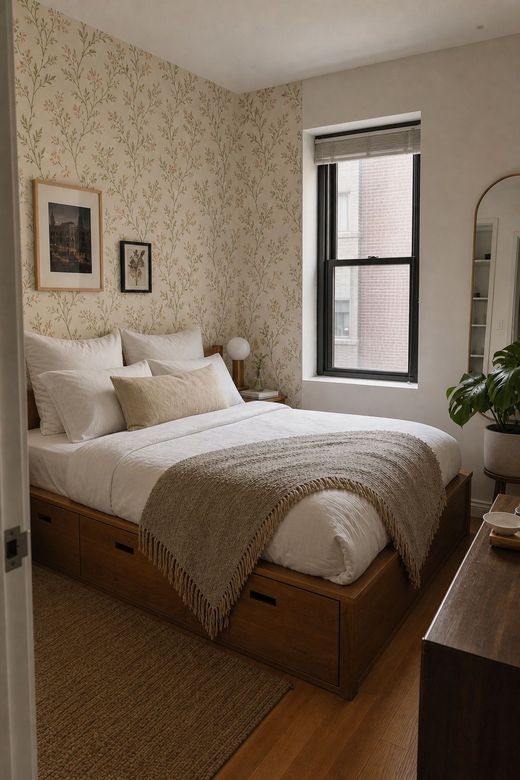 Removable Wallpaper on the Accent Wall small apartment idea for Top 18 Small Apartment Bedroom Ideas for a Space That Actually Feels Big.