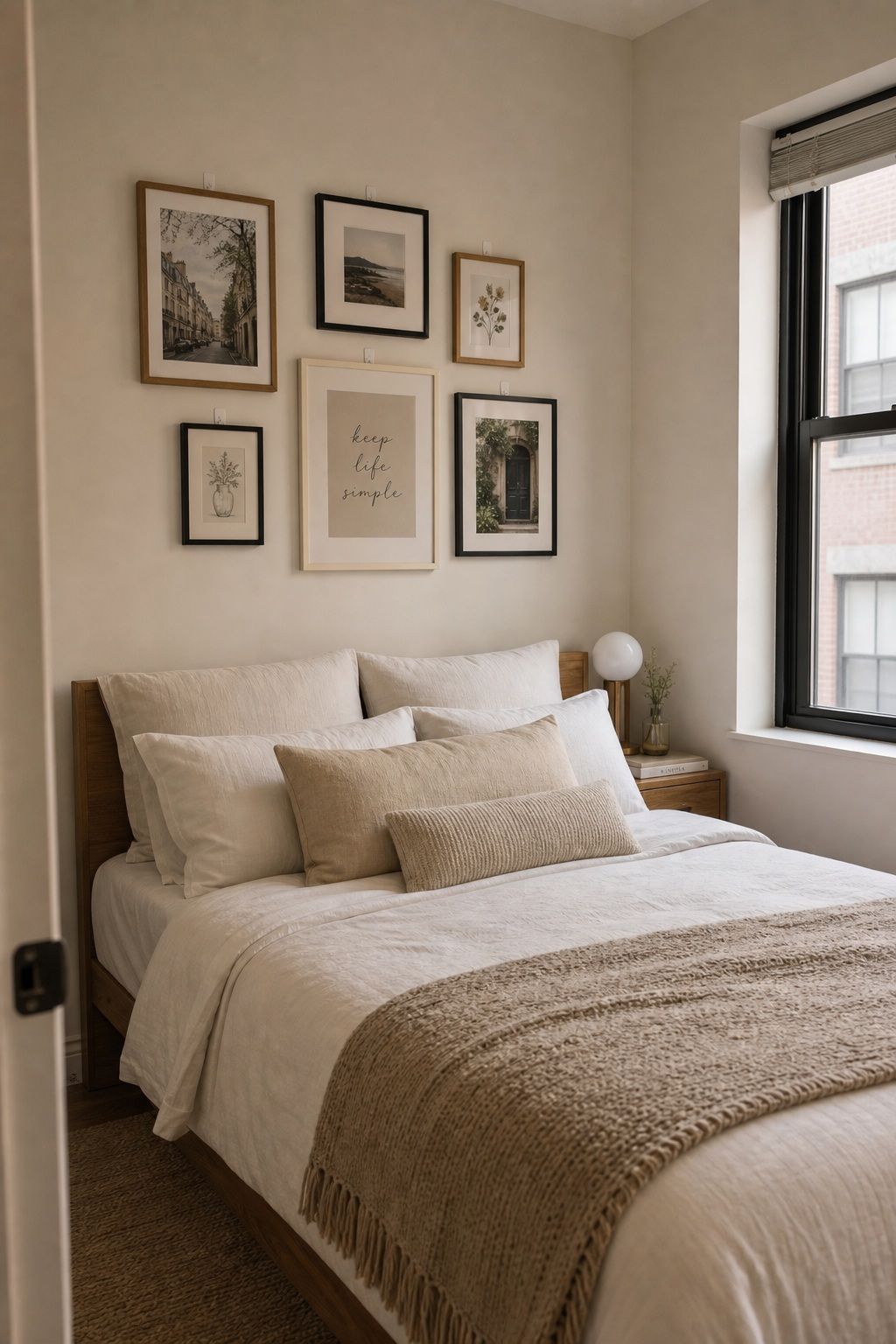 Command Strip Gallery Wall Above the Bed small apartment idea for Top 18 Small Apartment Bedroom Ideas for a Space That Actually Feels Big.