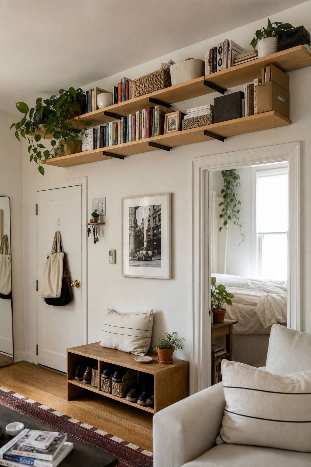 Floating Shelves Above Eye Level small apartment idea for Top 18 Genius Small Apartment Storage Hacks.