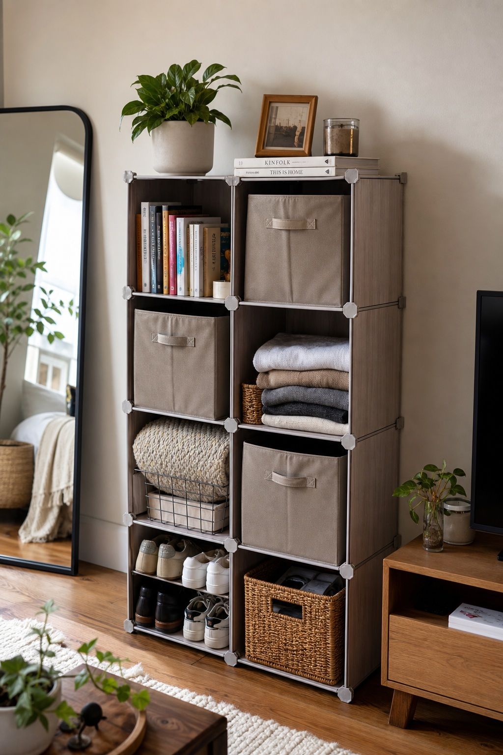 Stacked Cube Organizers small apartment idea for Top 18 Genius Small Apartment Storage Hacks.