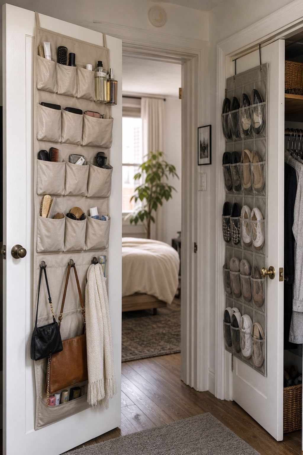 Over-Door Organizers on Every Door small apartment idea for Top 18 Genius Small Apartment Storage Hacks.