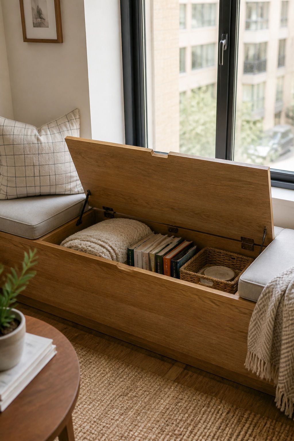Window Seat Bench with Lift Storage small apartment idea for Top 18 Genius Small Apartment Storage Hacks.