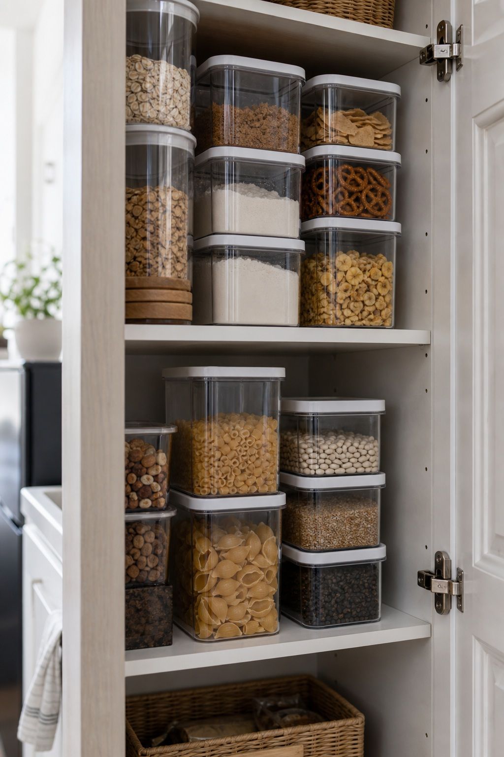 Stackable Containers in the Pantry or Cabinets small apartment idea for Top 18 Genius Small Apartment Storage Hacks.