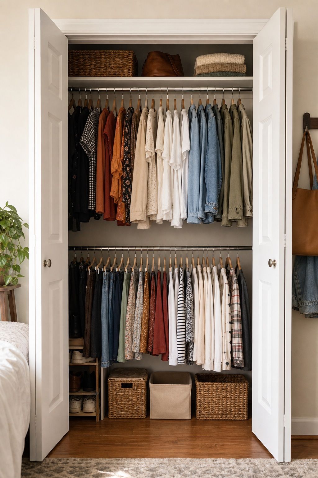 Double Hanging Rod for Shorter Clothes small apartment idea for Top 18 Genius Small Apartment Storage Hacks.