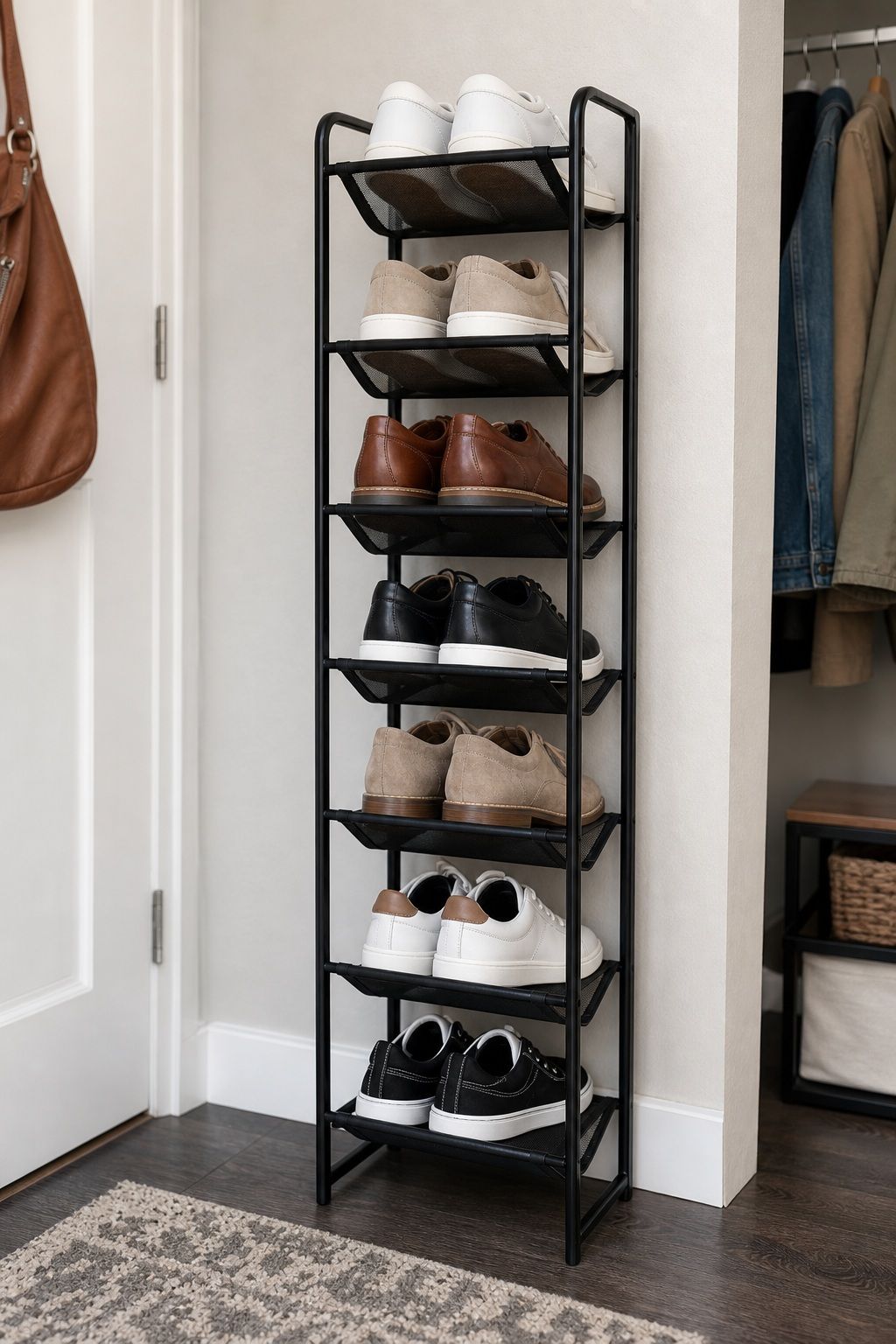Shoe Racks and Vertical Shoe Storage small apartment idea for Top 18 Genius Small Apartment Storage Hacks.