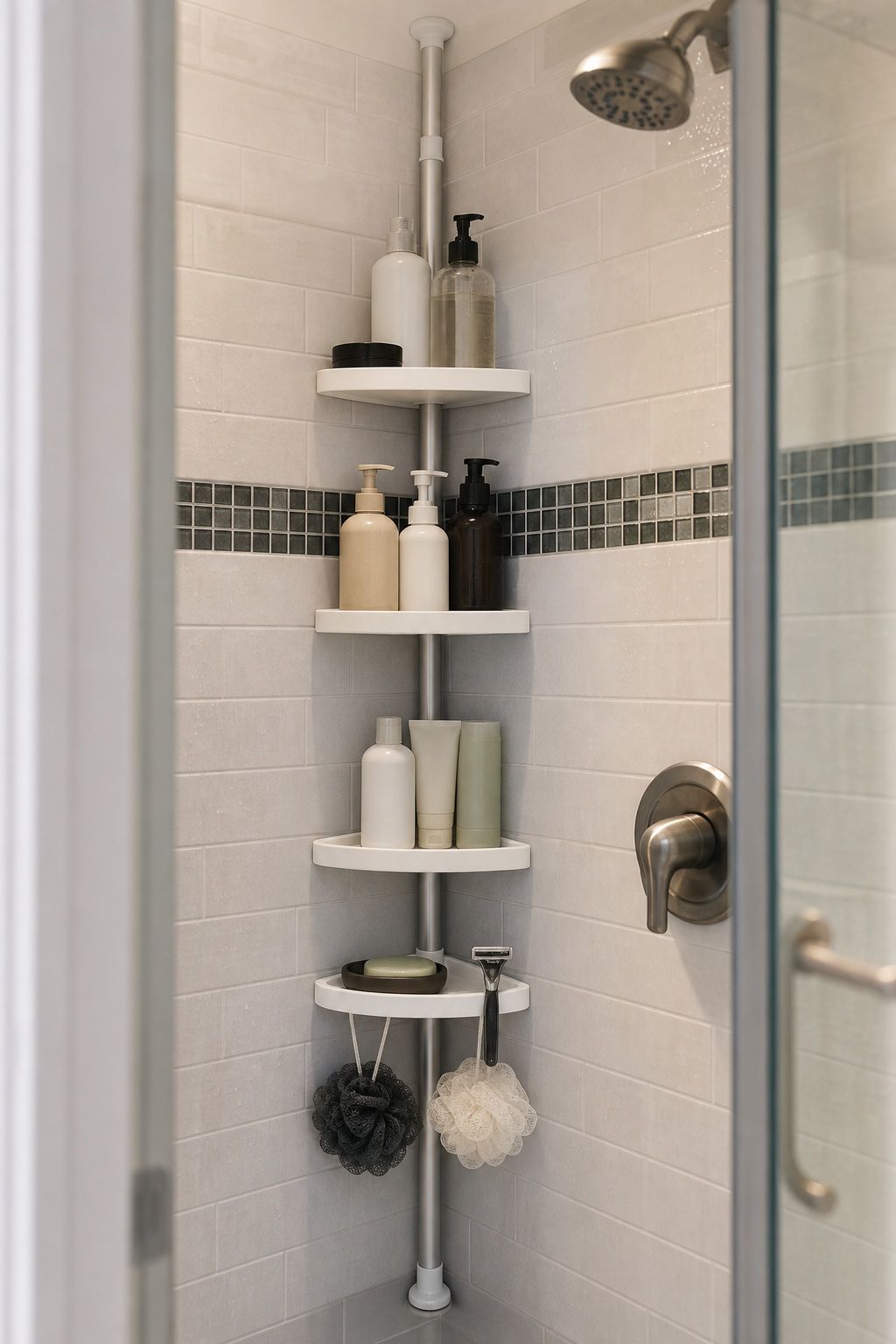 Tension Shelf Inside the Shower small apartment idea for Top 18 Genius Small Apartment Storage Hacks.