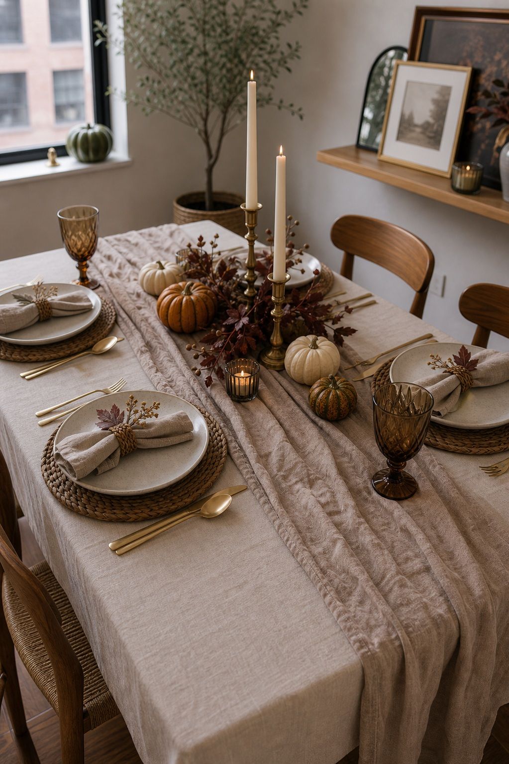 Linen Runner Down the Center small apartment idea for Top 17 Elegant Table Setting Thanksgiving Decorations to Wow Your Guests for Small Apartments.