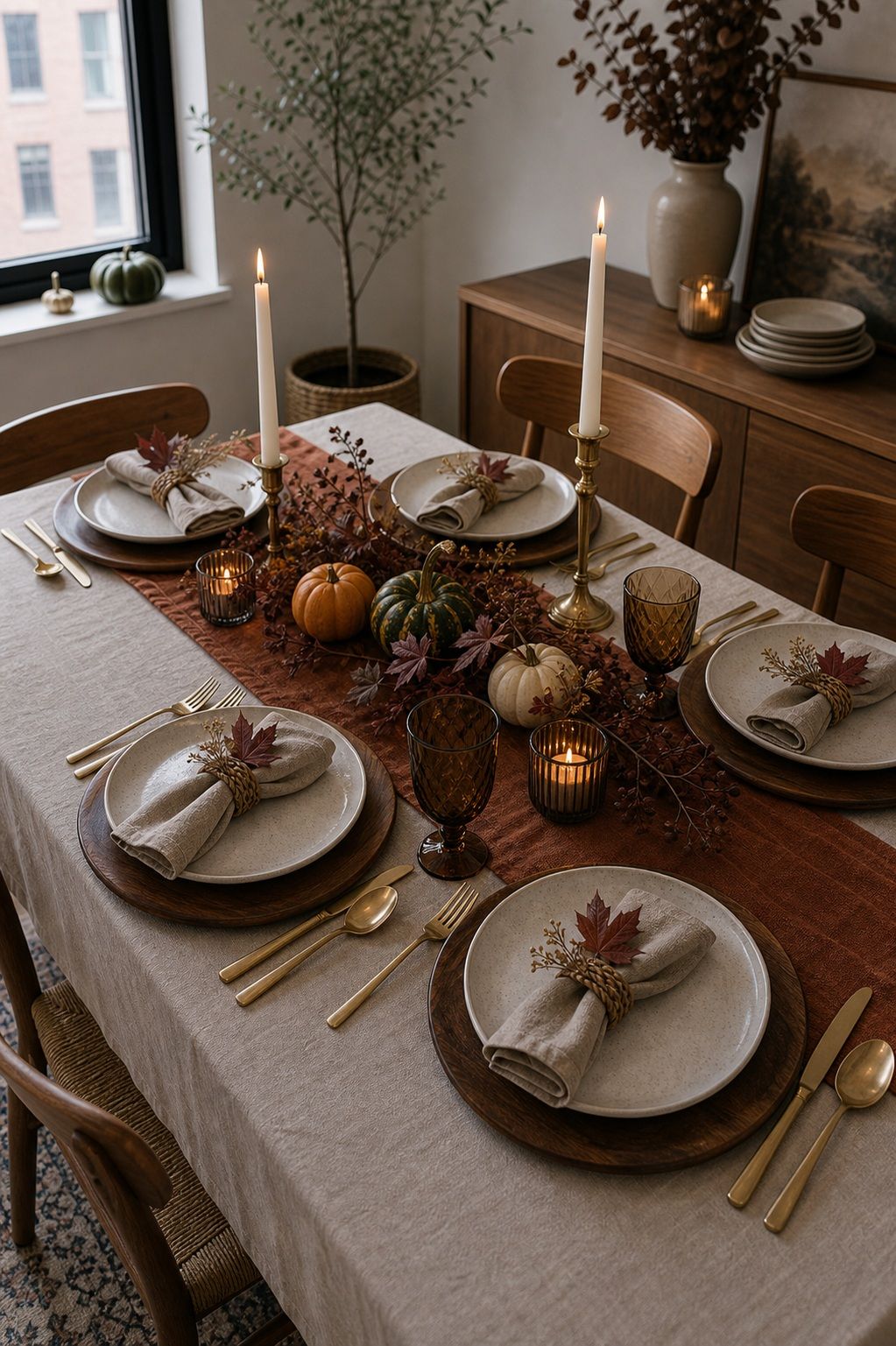 Wooden Charger Plates as the First Layer small apartment idea for Top 17 Elegant Table Setting Thanksgiving Decorations to Wow Your Guests for Small Apartments.