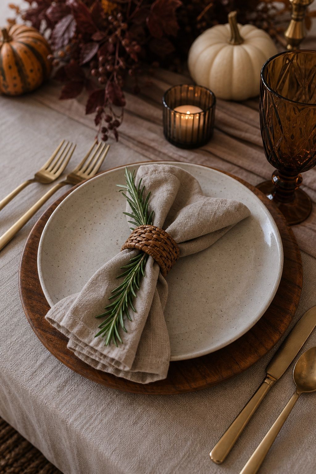 Napkin Folded With a Sprig of Rosemary small apartment idea for Top 17 Elegant Table Setting Thanksgiving Decorations to Wow Your Guests for Small Apartments.